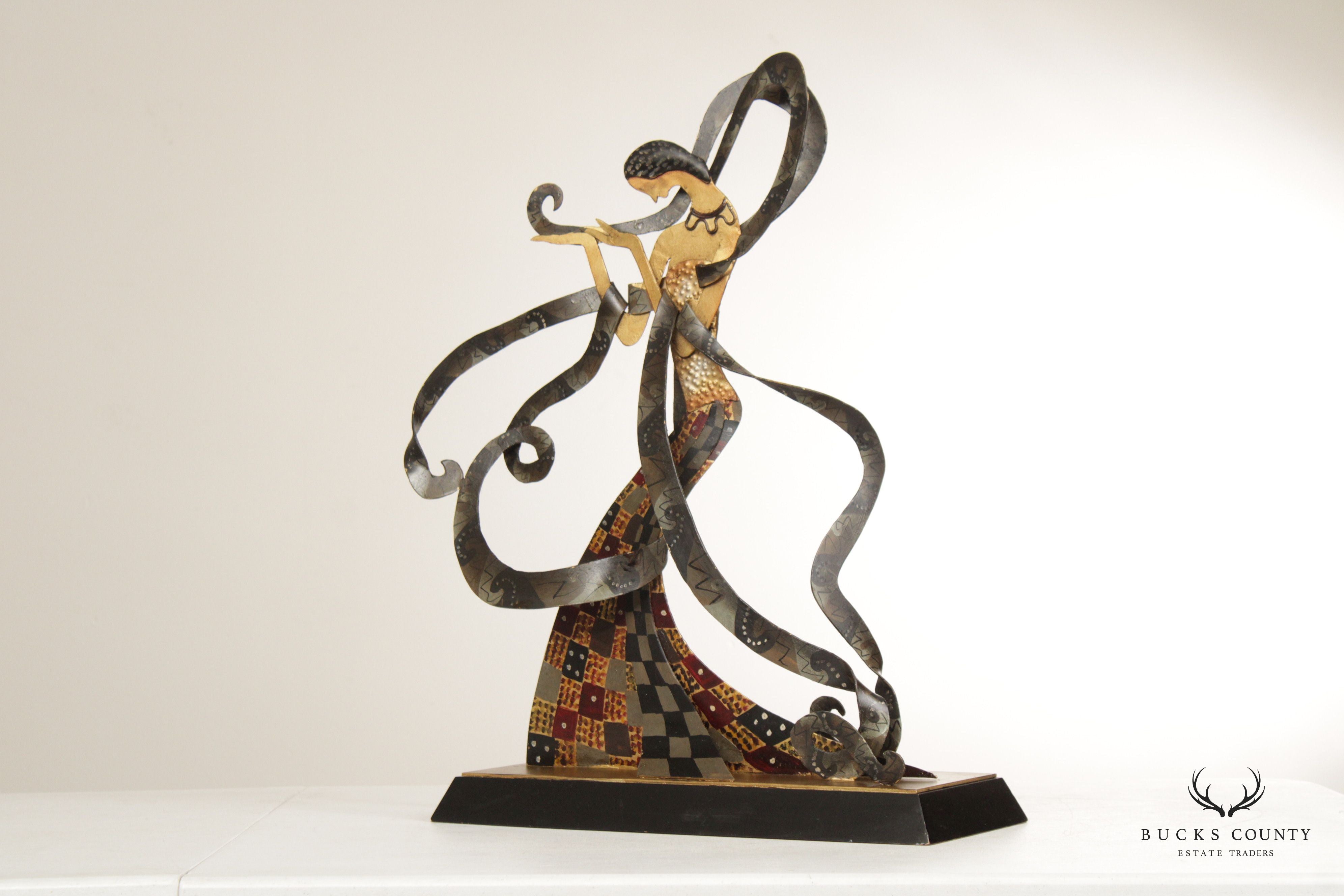 CONTEMPORARY METAL SCULPTURE OF WOMAN WITH RIBBONS