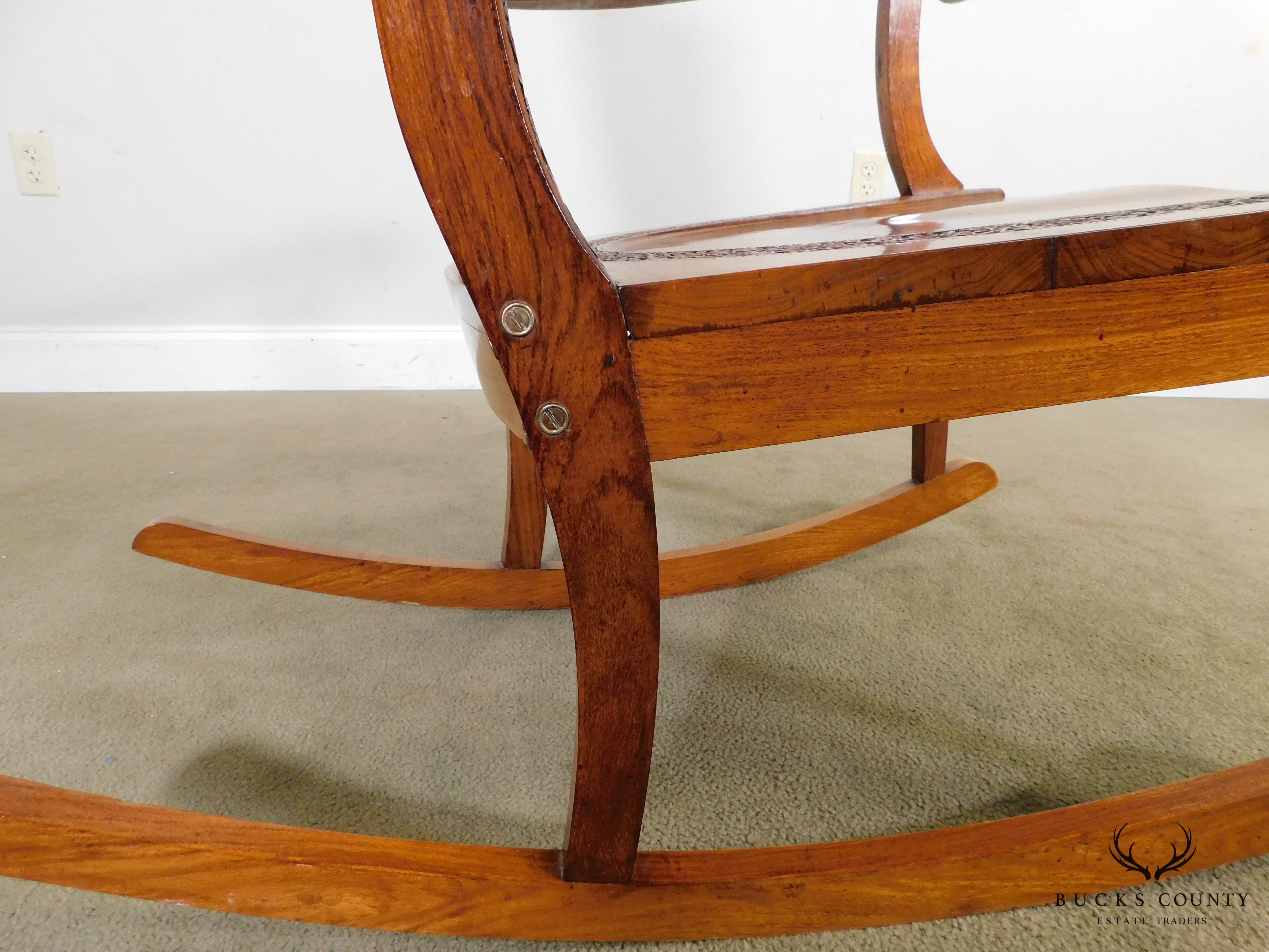 Vintage Indian Carved Hardwood Brass Inlaid Rocker