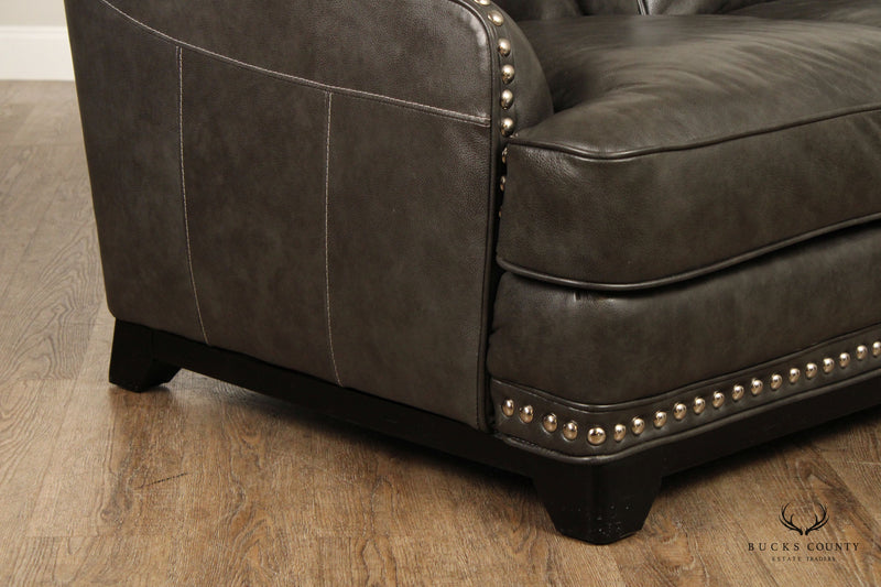 Quality Grey Leather Three Seat Nailhead Sofa