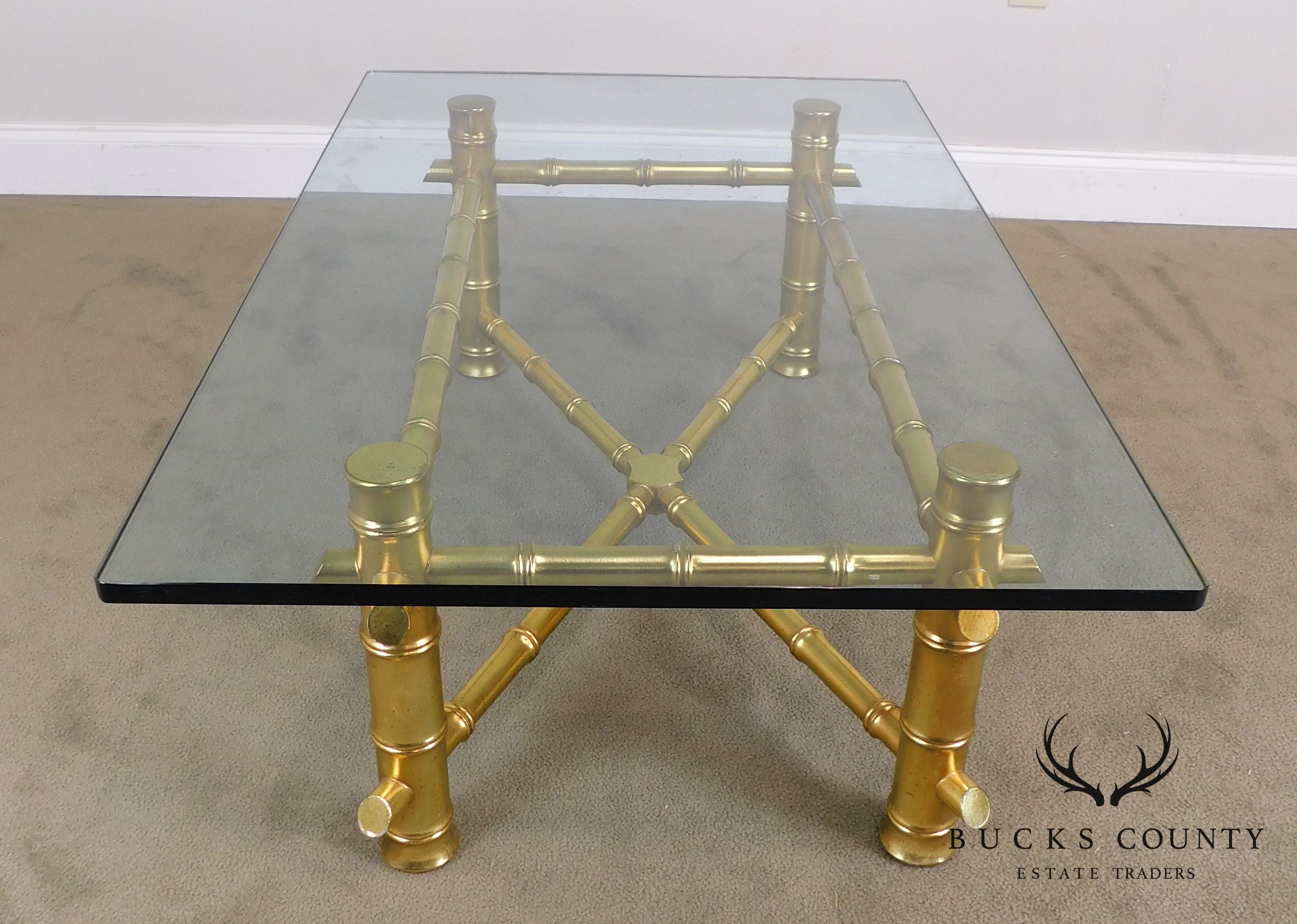 Hollywood Regency Faux Bamboo Gold Gilt Wood Glass Top Coffee Table