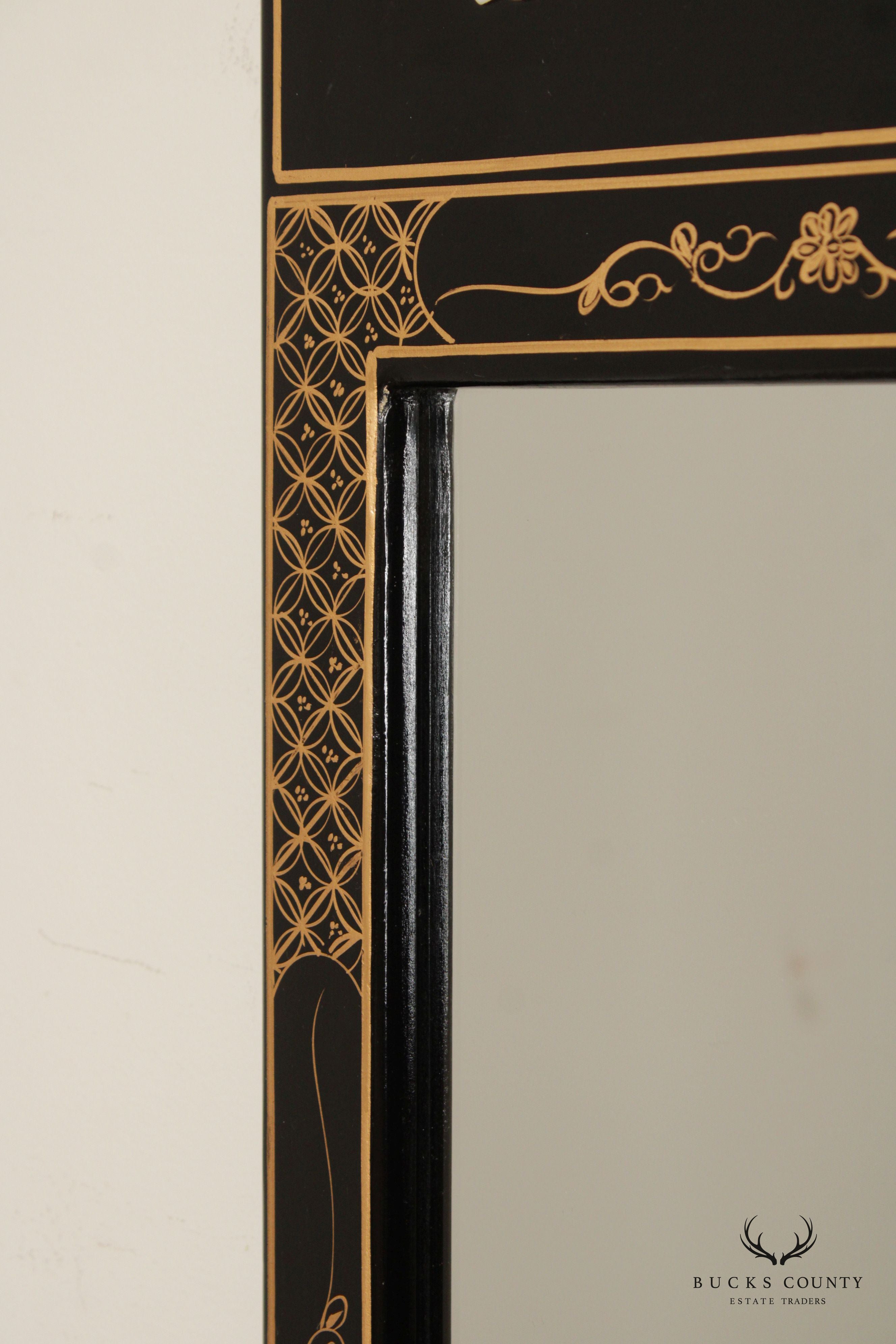 Chinoiserie Decorated Black Lacquer Trumeau Mirror