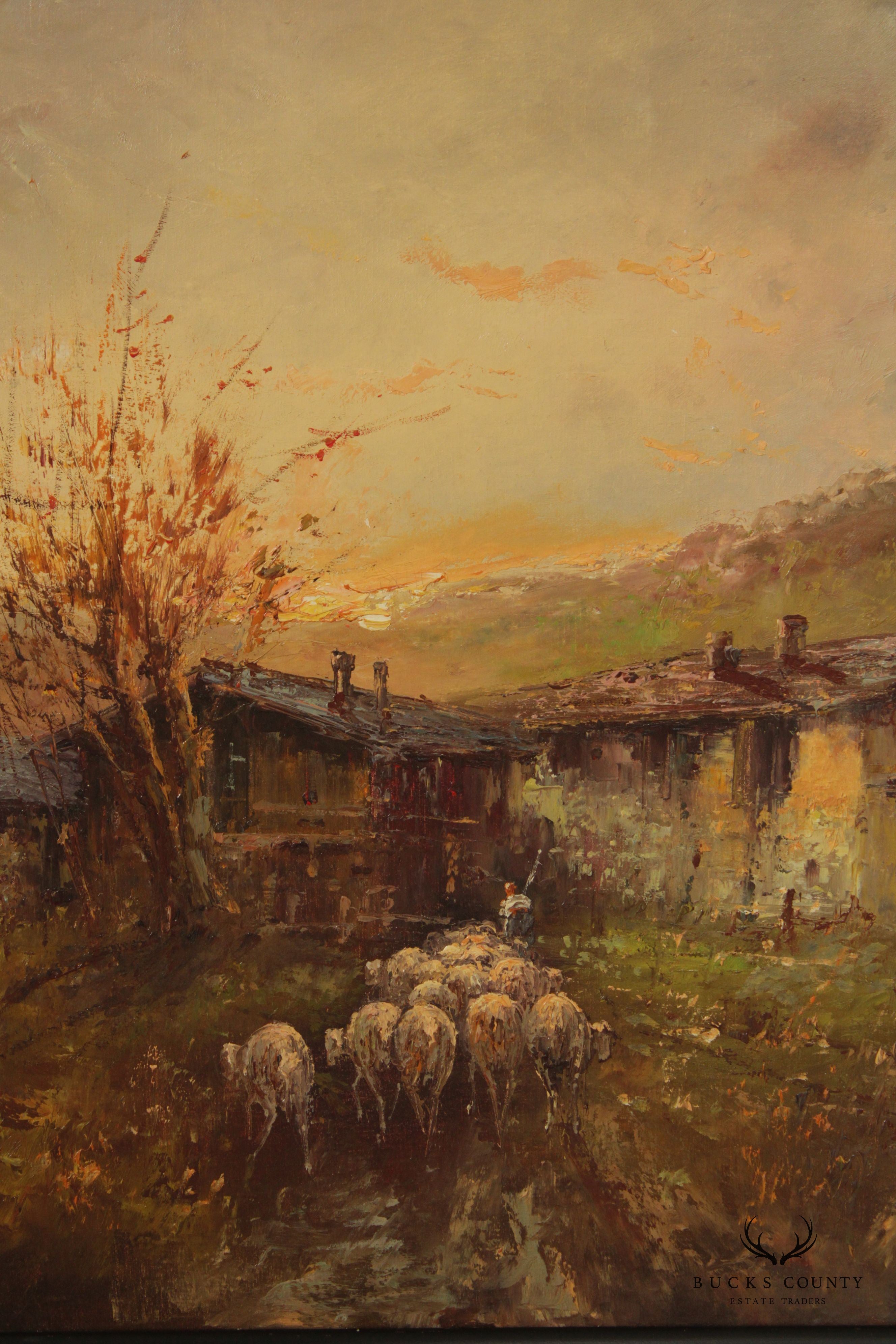 European 20th C. Pastoral Village Landscape Scene by Sara