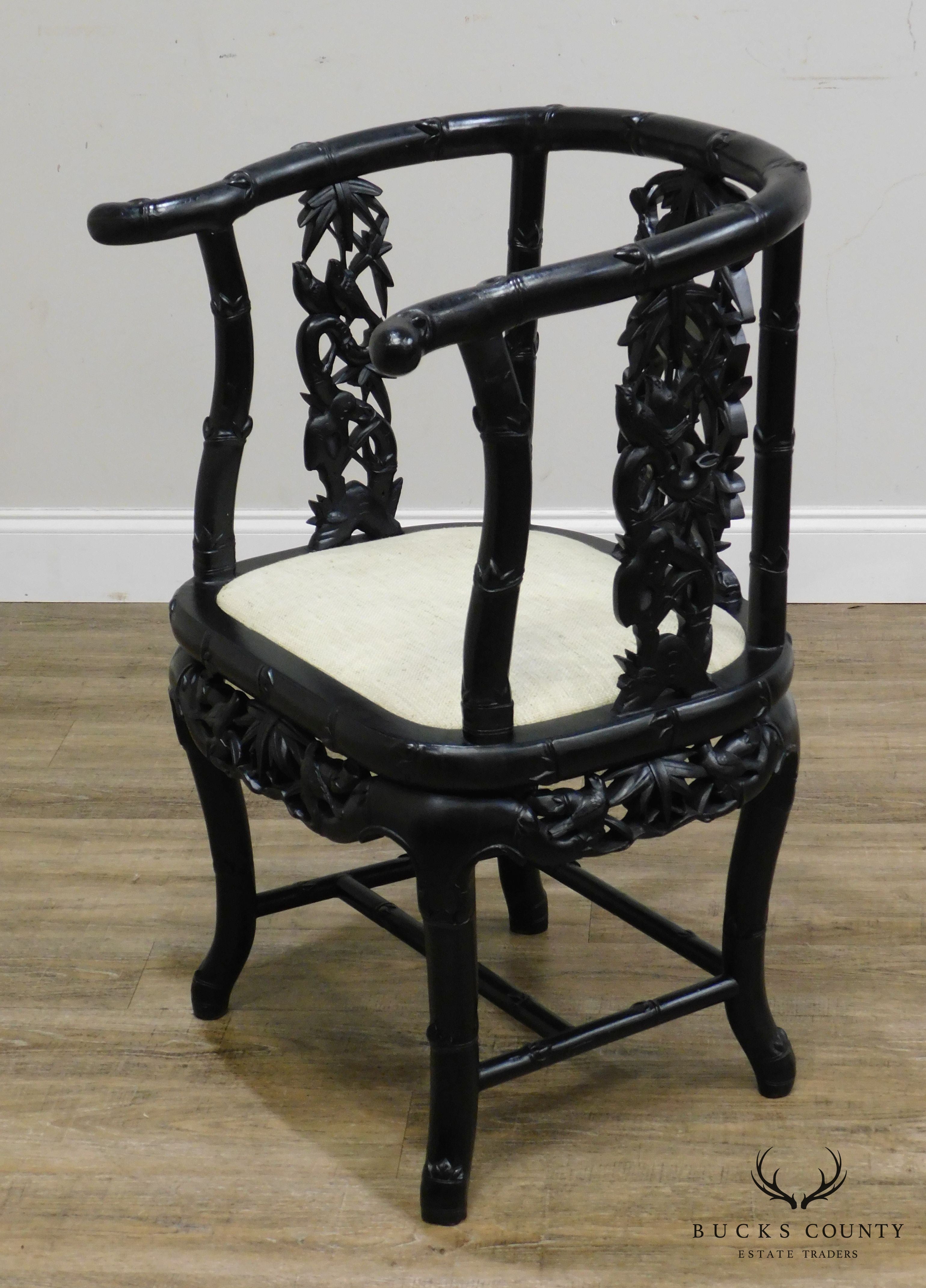 Antique Carved Chinese Hardwood Black Lacquered Armchair