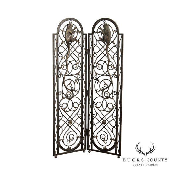 Maitland Smith Two Panel Wrought Iron And Bronze Monkey Room Divider Screen