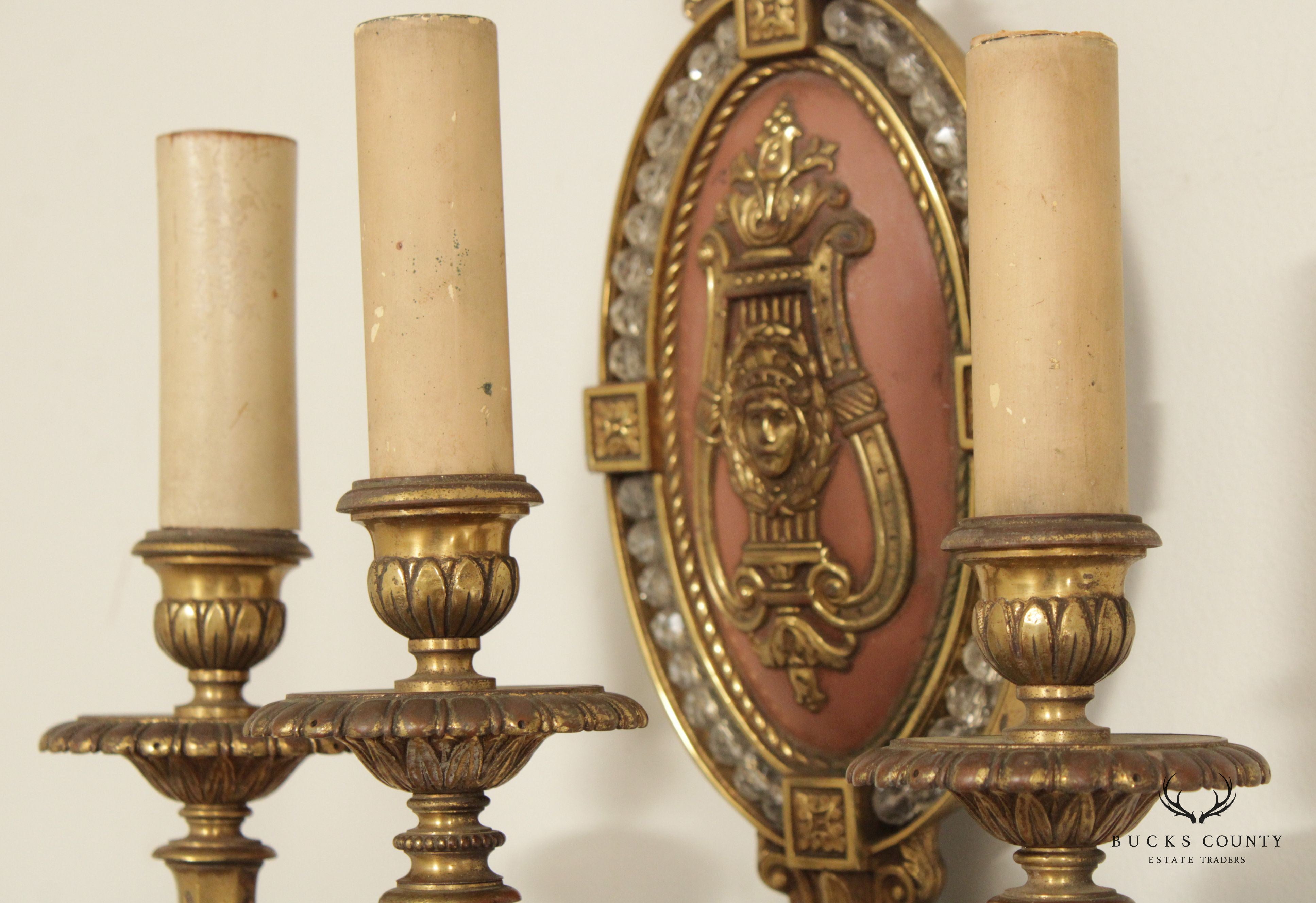 Antique Neoclassical Style Pair Brass Candelabra Wall Lamp Sconces