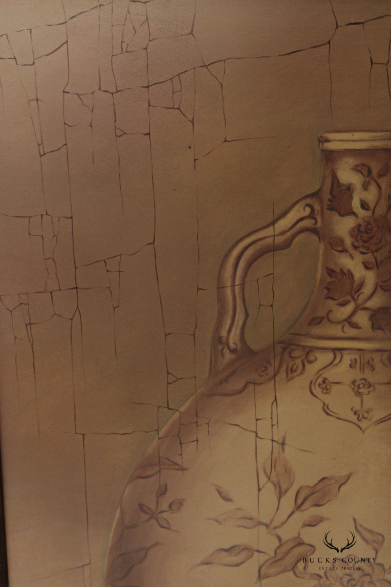 Vintage Pair of Antiqued Urn Vase Art Prints, Custom Framed