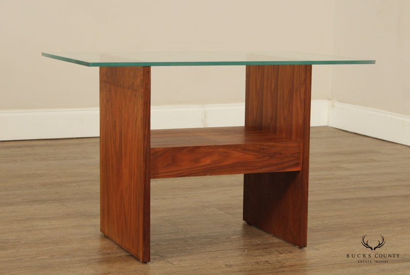 Mid Century Modern Walnut Glass Top Side Table