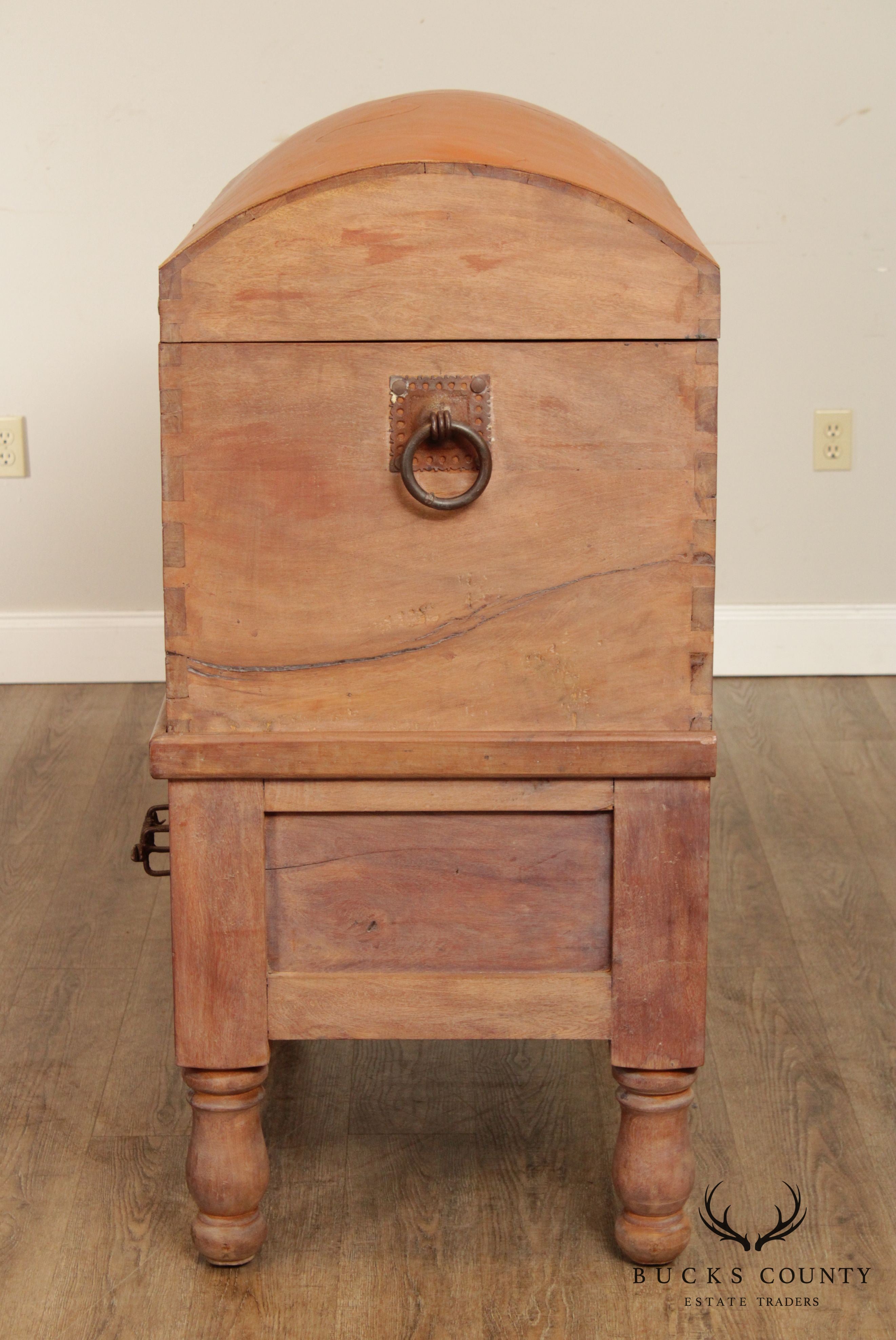 Antique 19th C. Leather Wrapped Hardwood Chest with Iron Crocodile Hardware