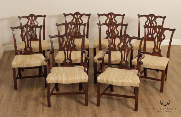 Chippendale Style Custom Quality Set of Ten Mahogany Dining Chairs