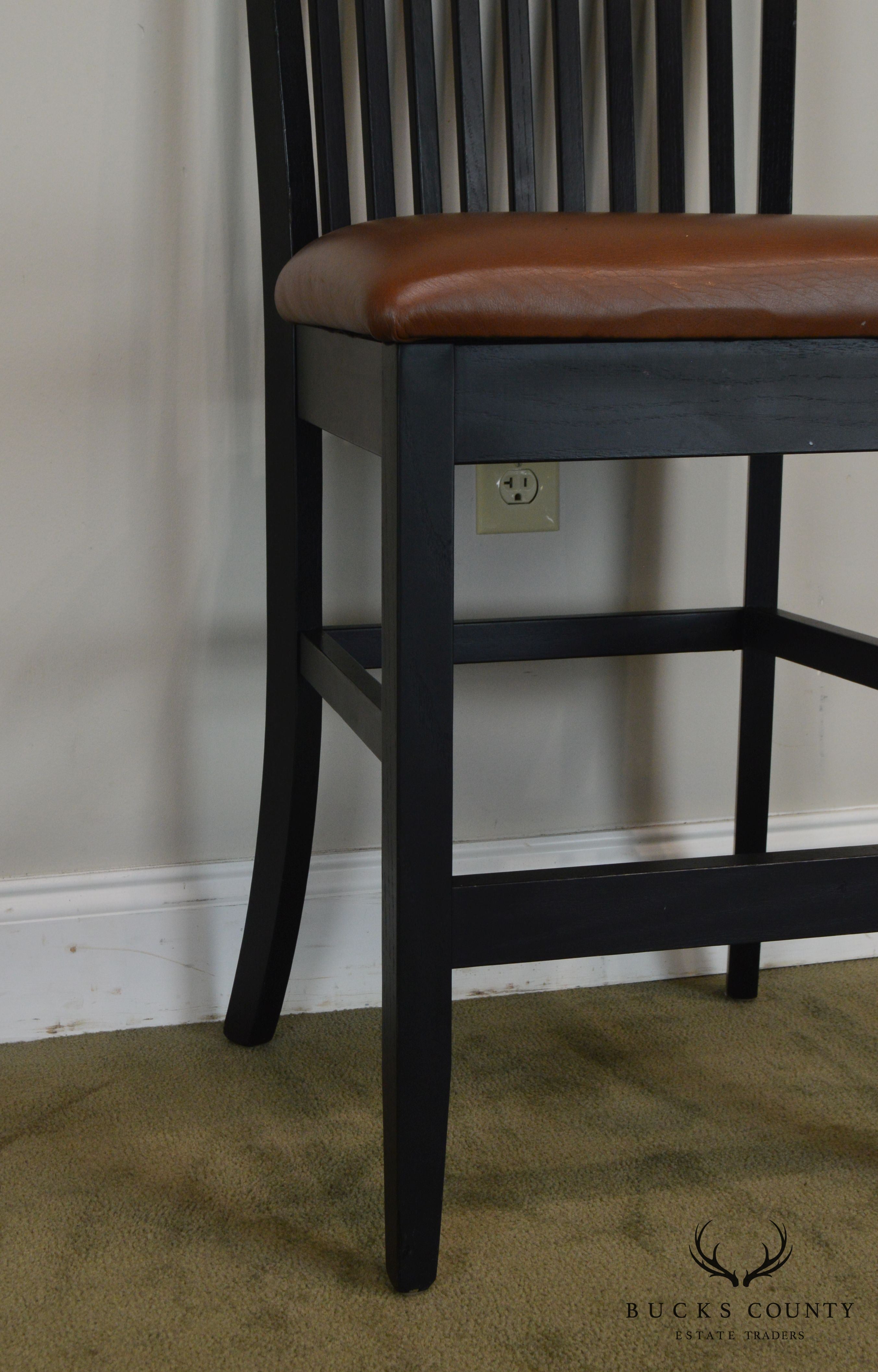 F & N Woodworking Pair Black Bar Stools with Brown Leather Seats