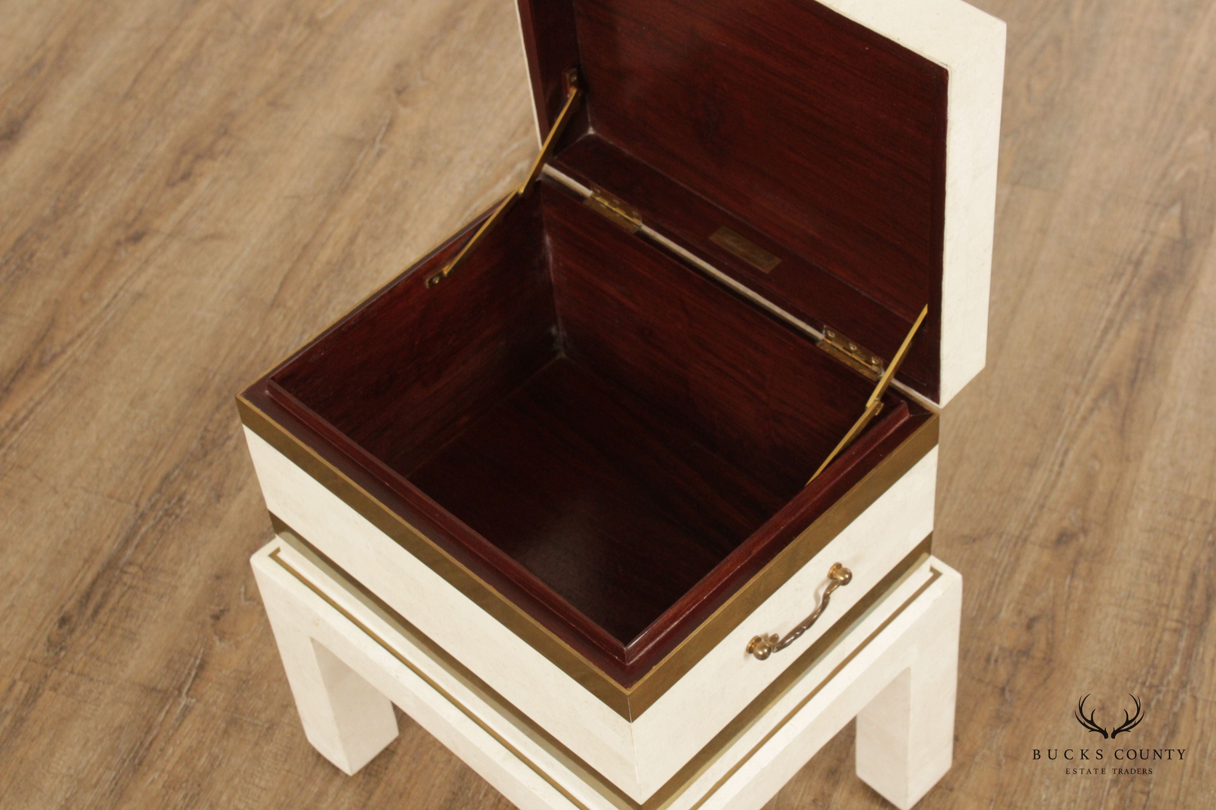 Maitland Smith Tessellated Fossil Stone and Brass Chest on Stand