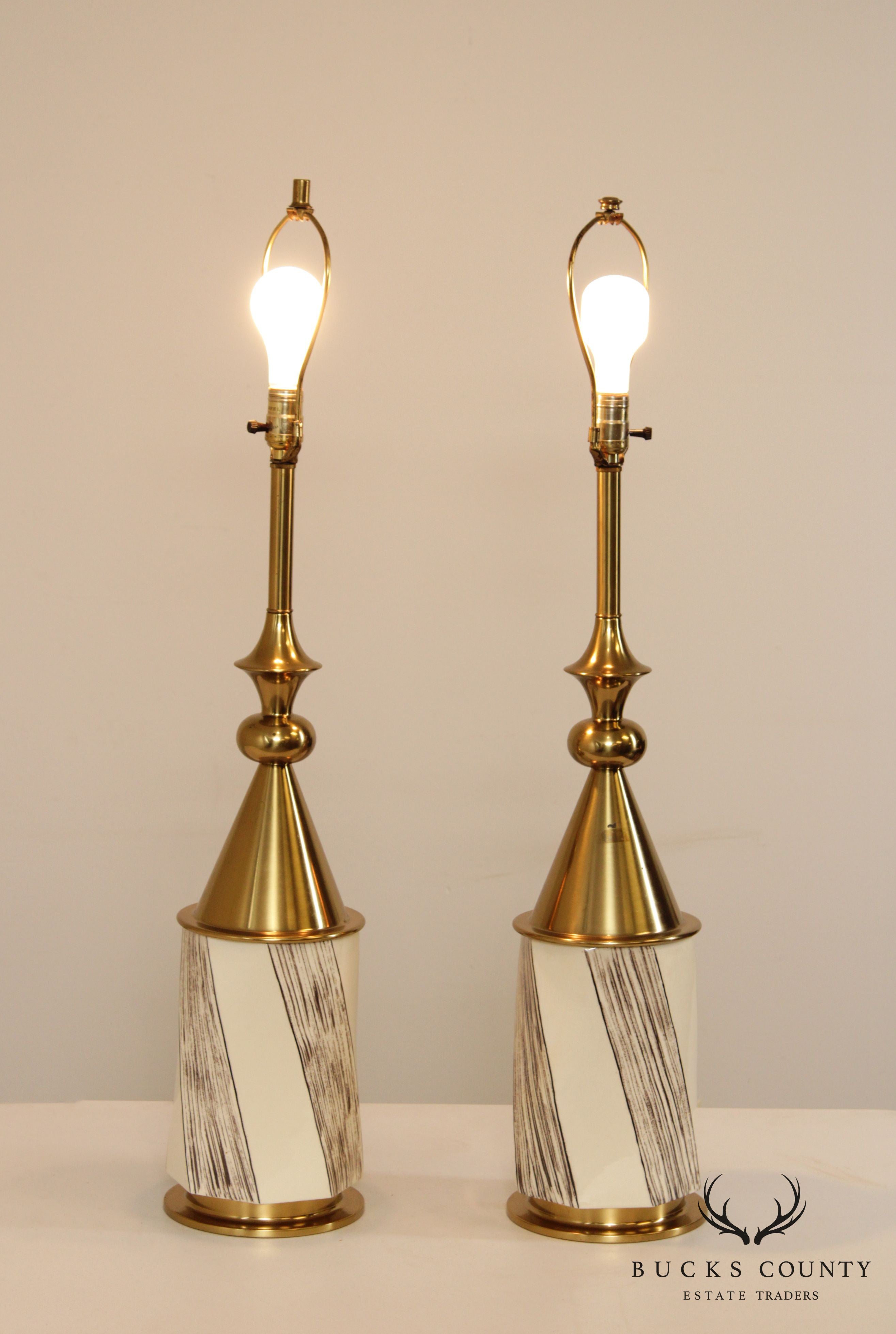 Stiffel Tommi Parzinger Style Mid Century Modern Pair Brass & Pottery Lamps