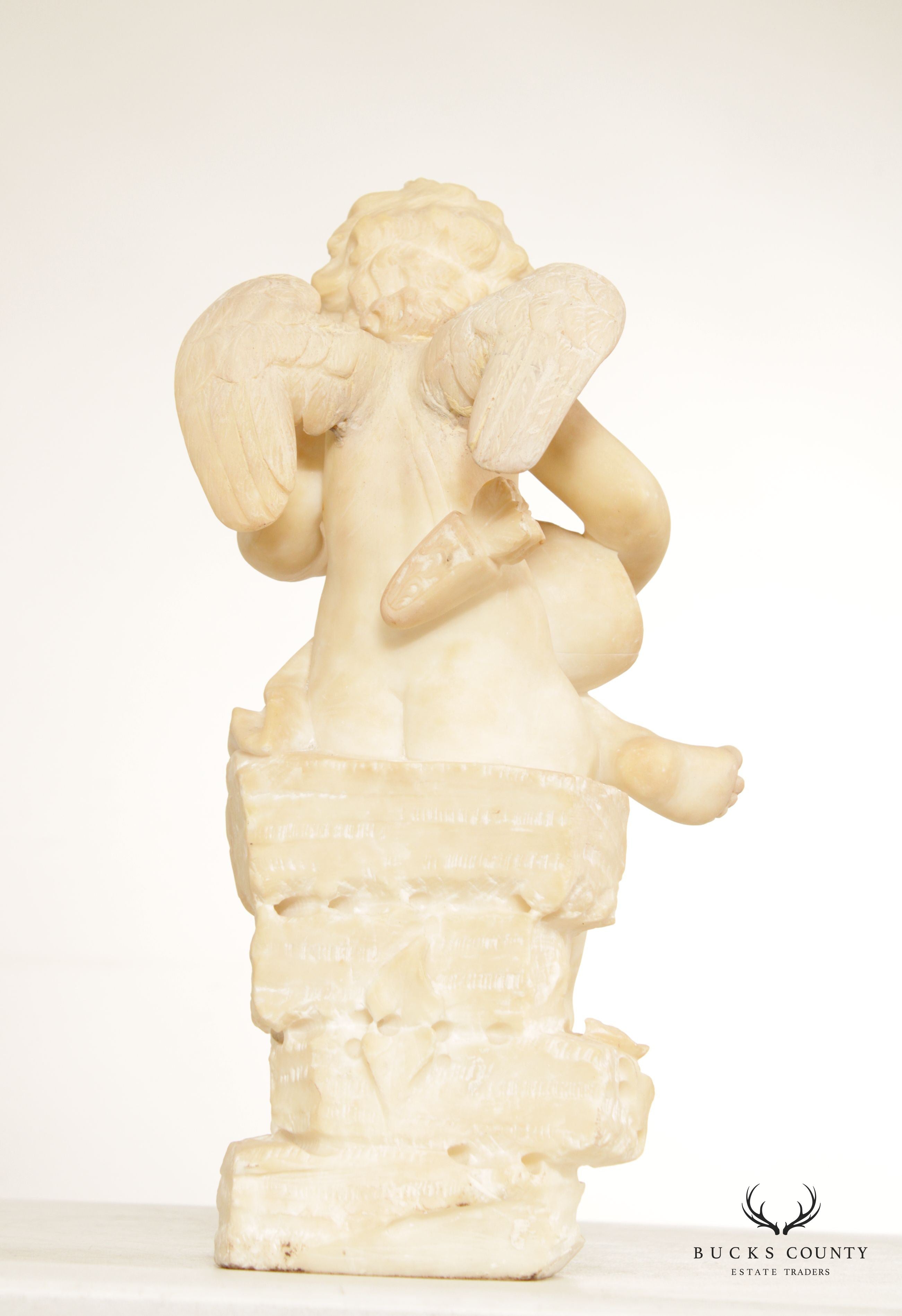 Antique Renaissance Revival Alabaster Carved Cherub Statue