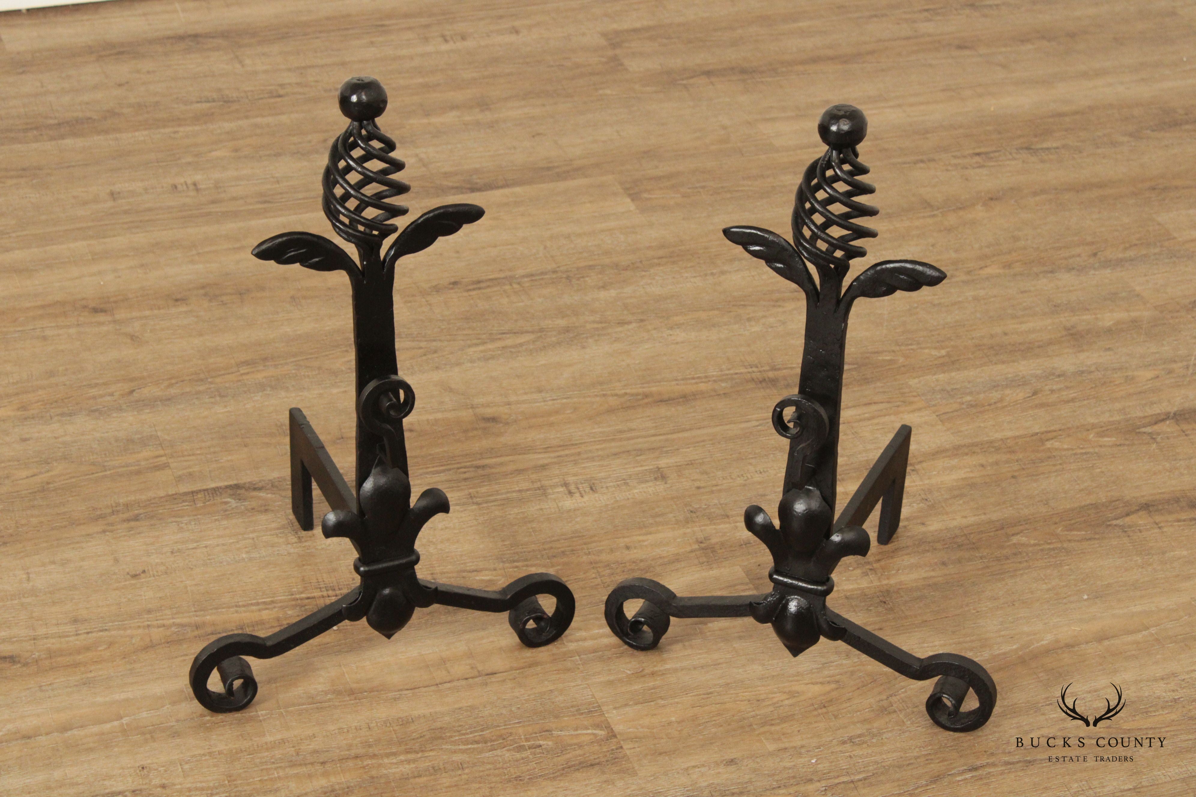 Quality Pair Of Hand Forged Iron Andirons