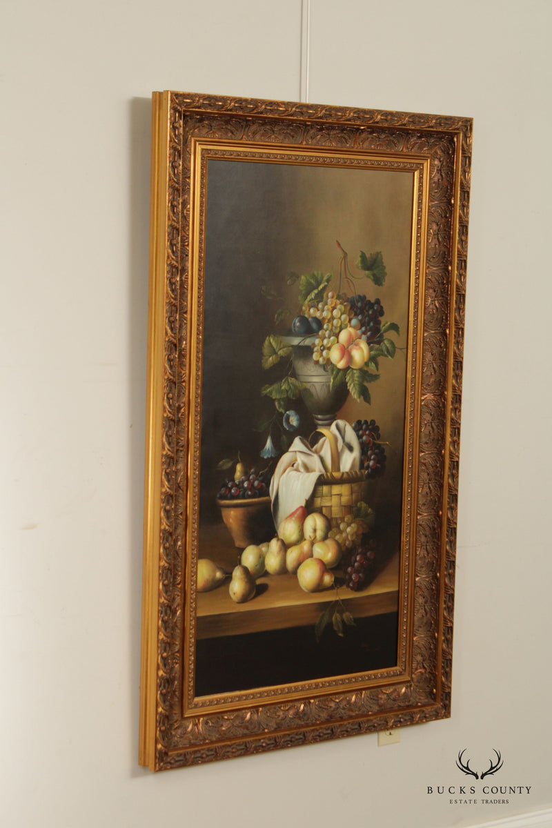 Vintage 20th C. Fruit Still Life Large Oil Painting, Custom Framed