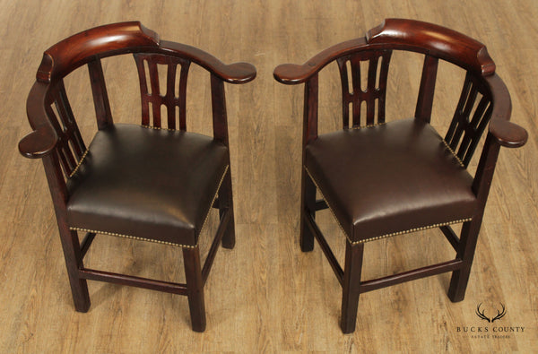 Antique 18th Century English Chippendale Style Pair of Mahogany and Leather Corner Chairs