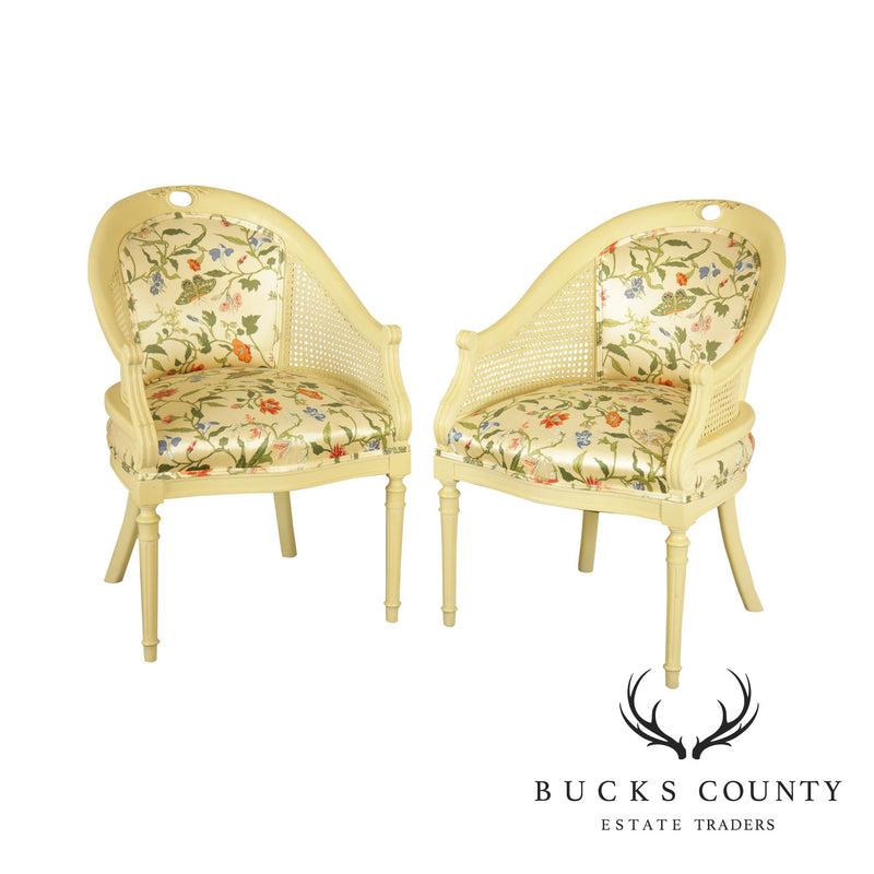 Hollywood Regency Style Cream Lacquered Pair Barrel Back Caned Armchairs
