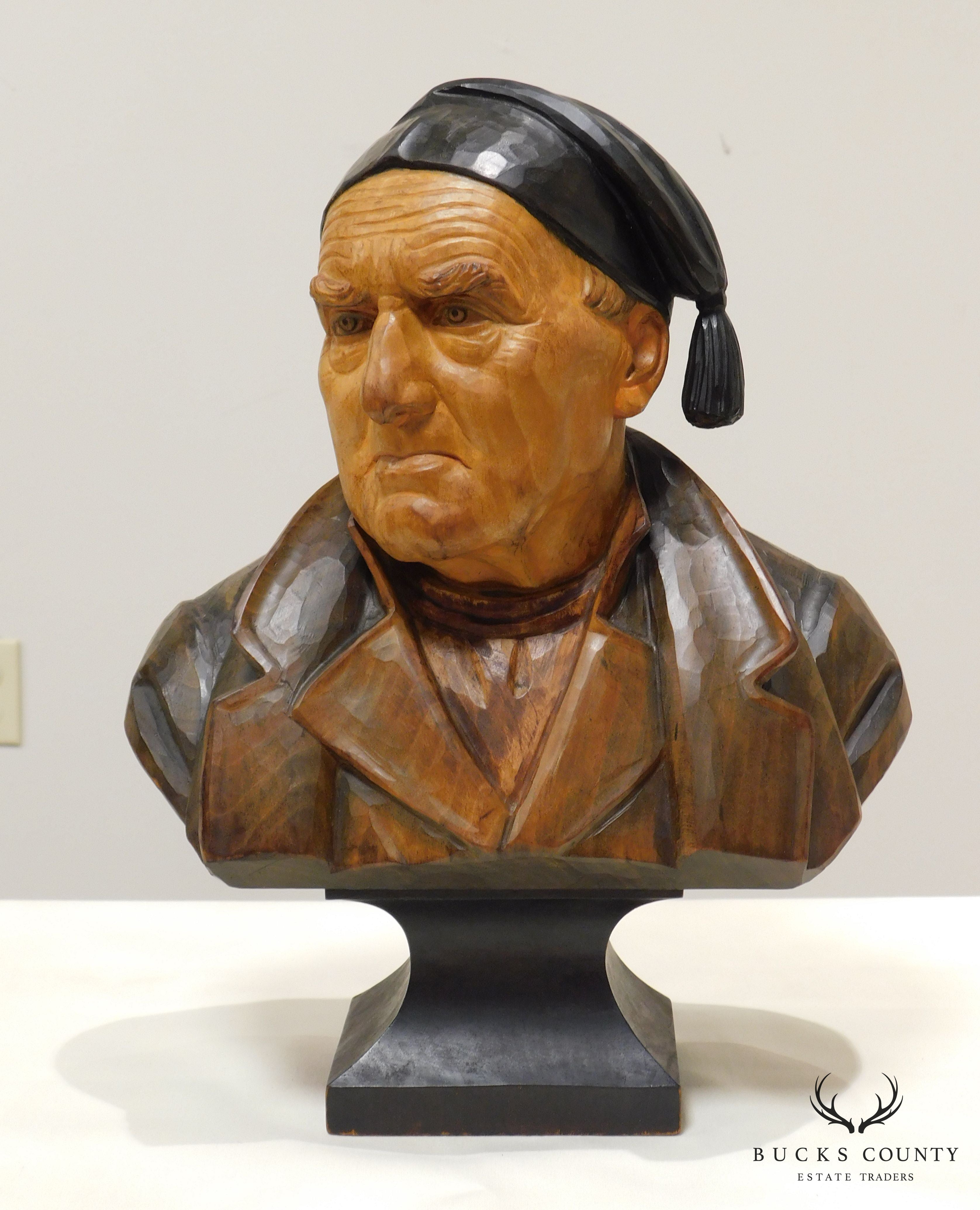 H. Huggler - Wyss Hand Carved Polychrome Wood Bust of Old Man