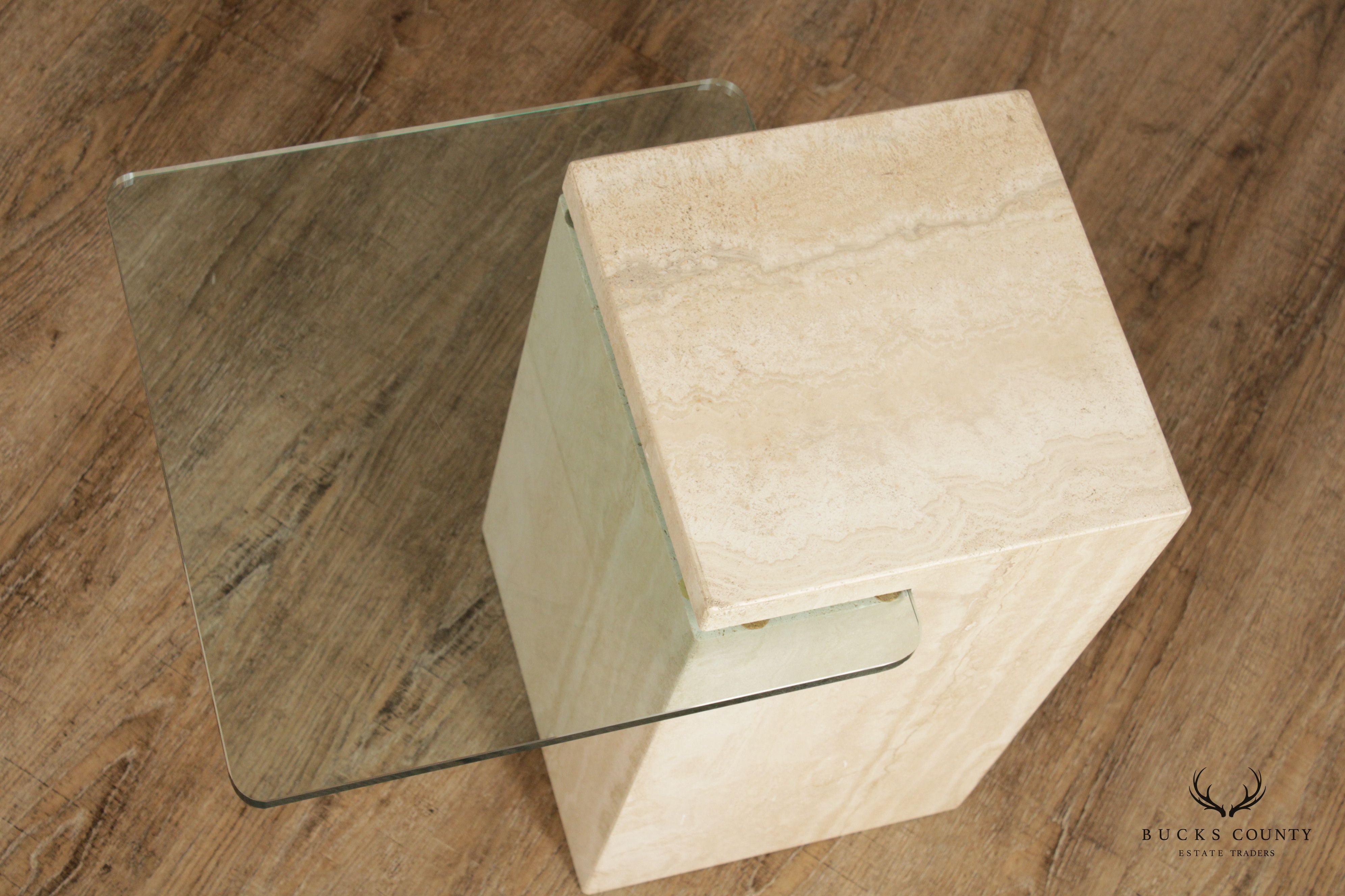 Post Modern Cantilevered Glass and Travertine Side Table