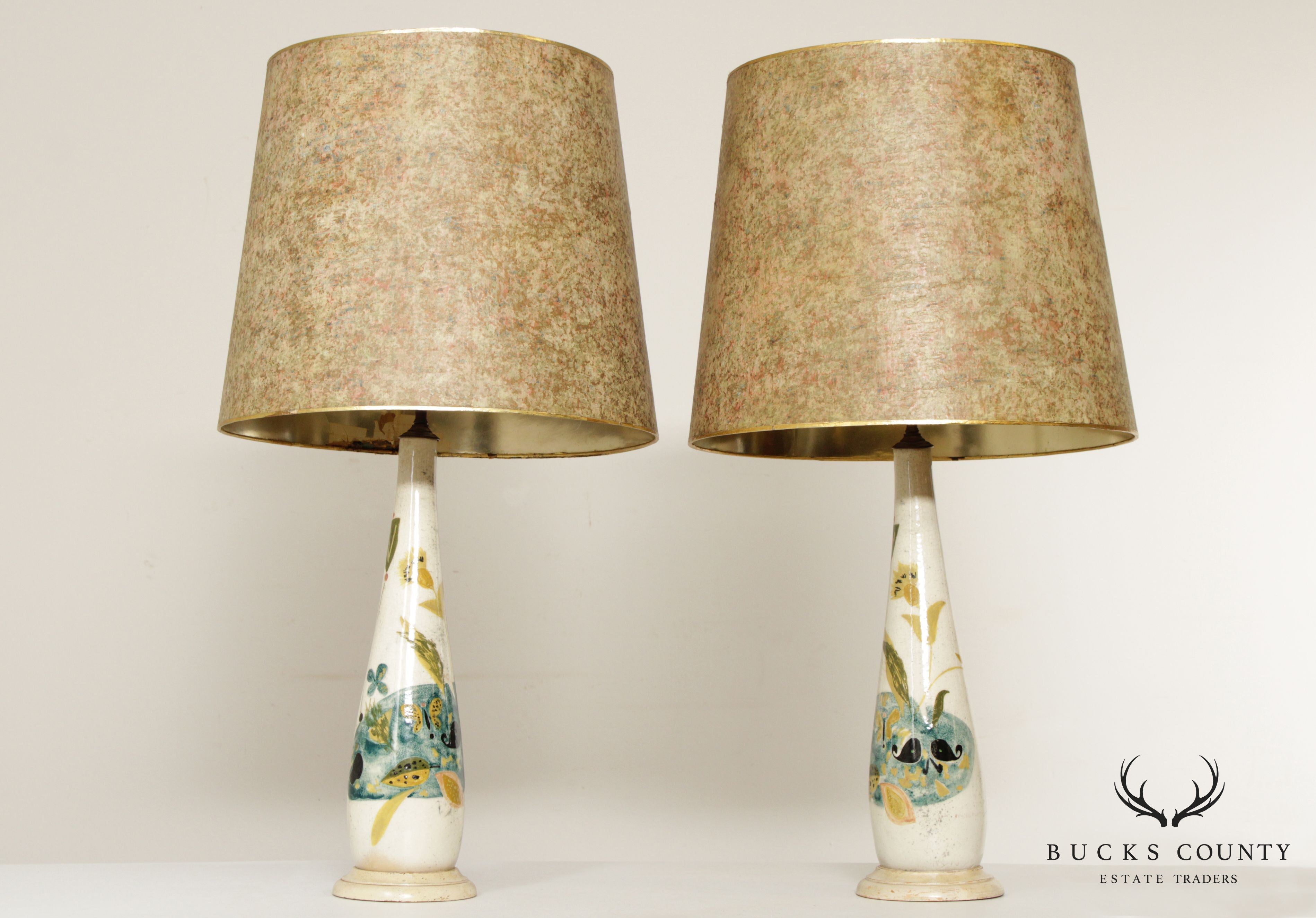 Vintage Arvi Tynys Pair Mid Century Modern Hand Painted Pottery Table Lamps