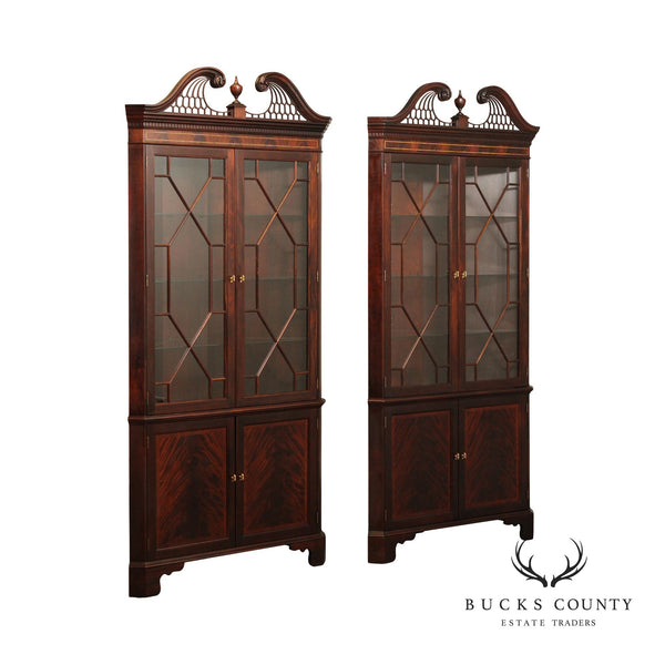 STICKLEY CHIPPENDALE STYLE PAIR INLAID MAHOGANY CORNER CABINETS