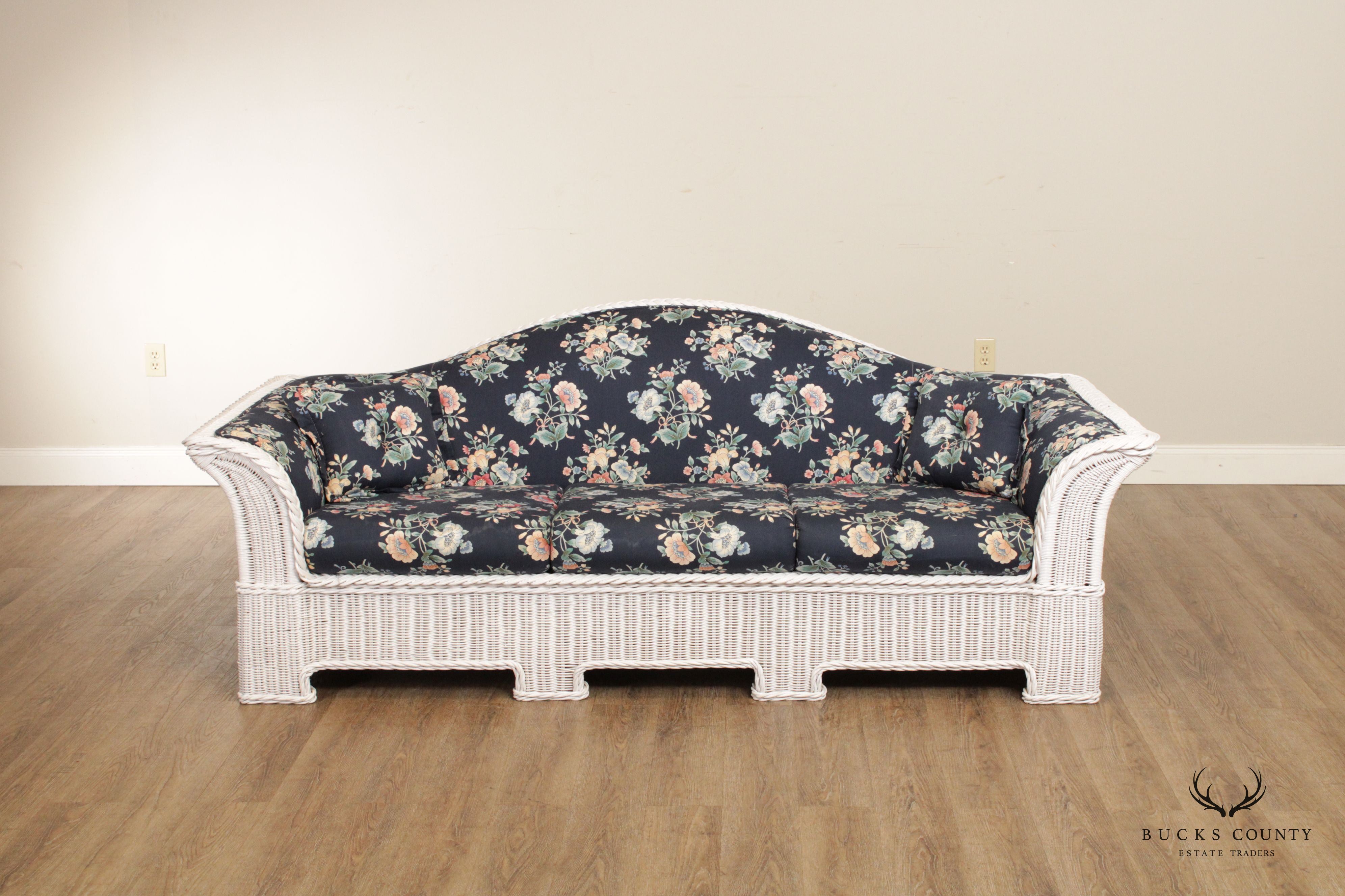 Traditional White Wicker Camelback Sofa