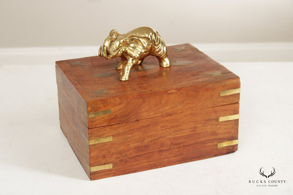 Campaign Style Teak and Brass Elephant Cigar or Jewelry Box