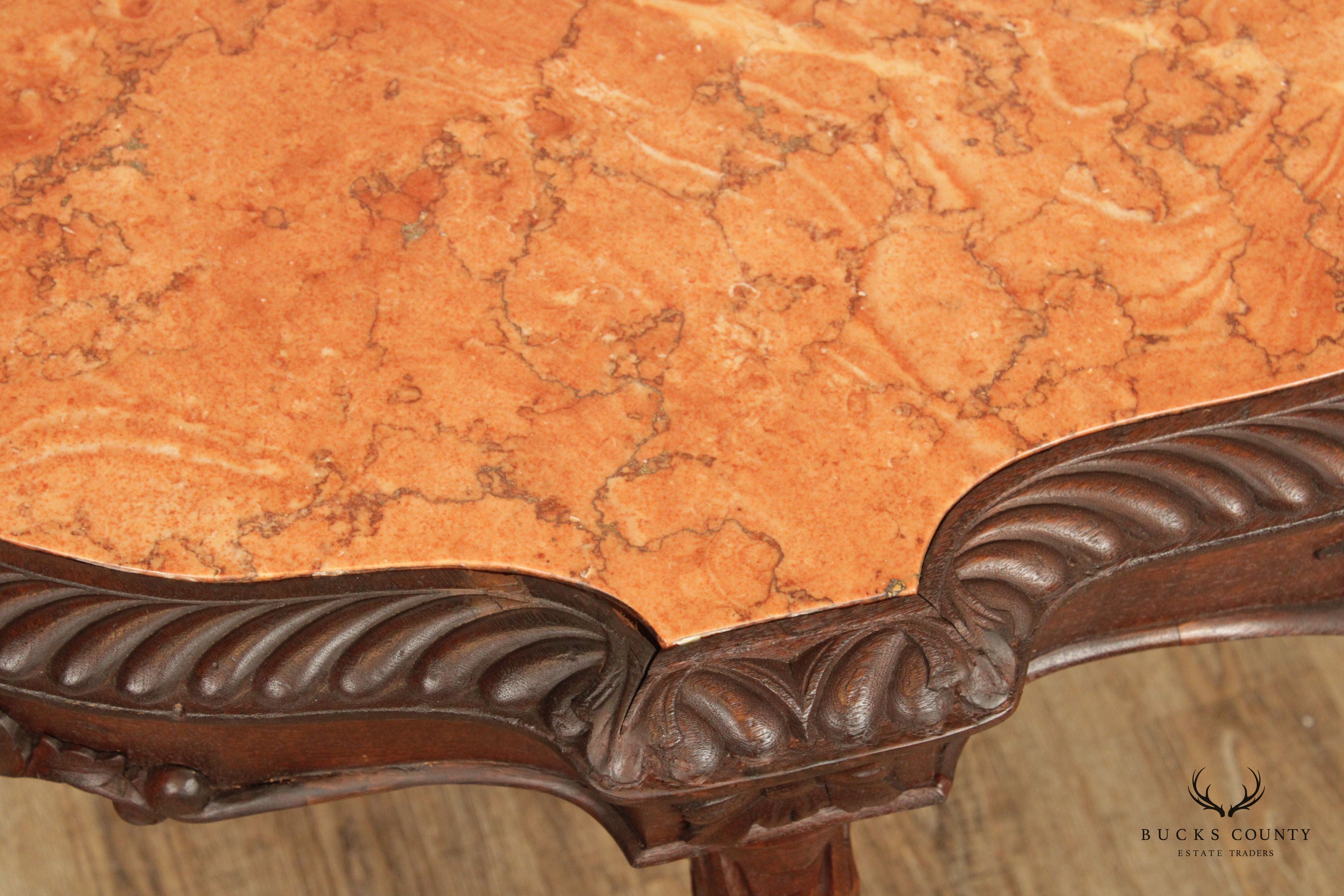 Antique Renaissance Revival Carved Mahogany Marble Turtle Top Center Table