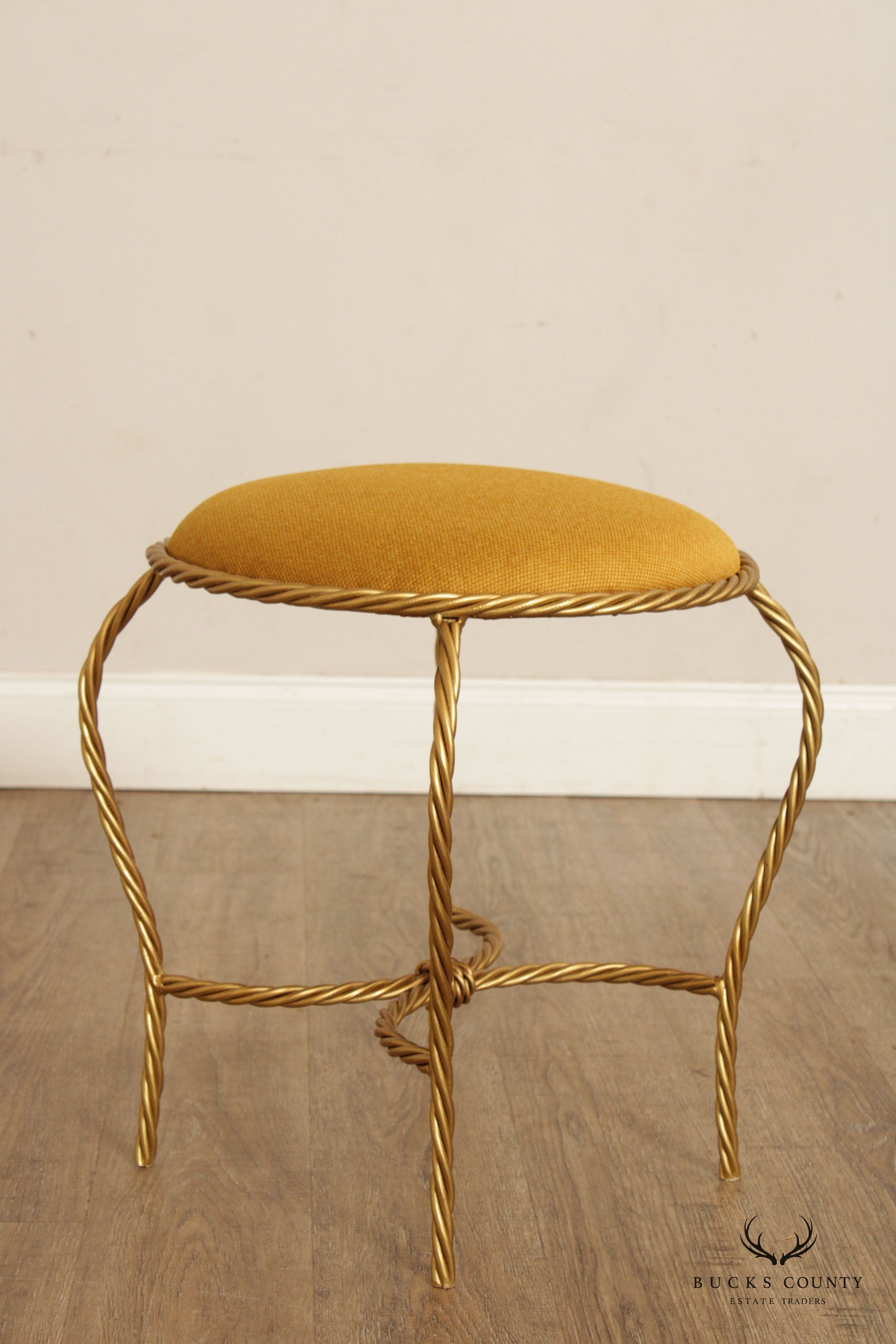 Hollywood Regency Pair of Gilt Metal Rope Twist Stools