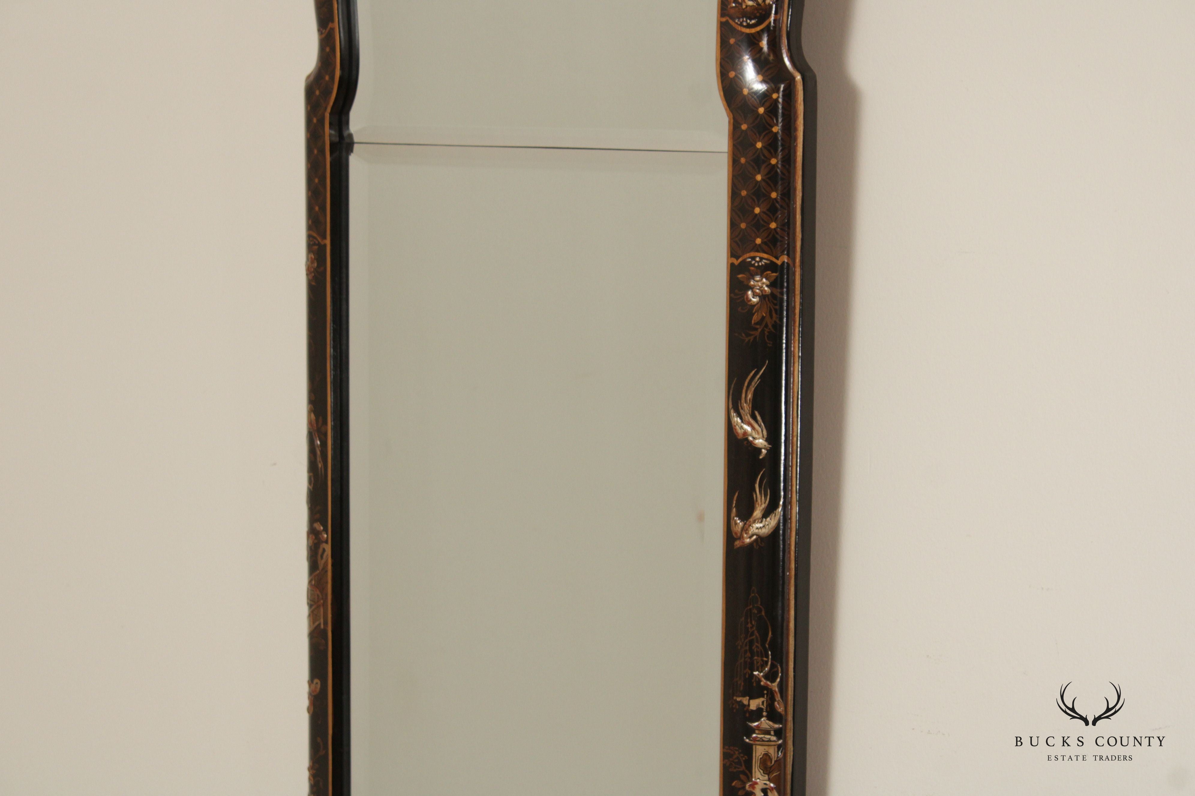 LaBarge Chinoserie Ebonized and Gilt Beveled Wall Mirror