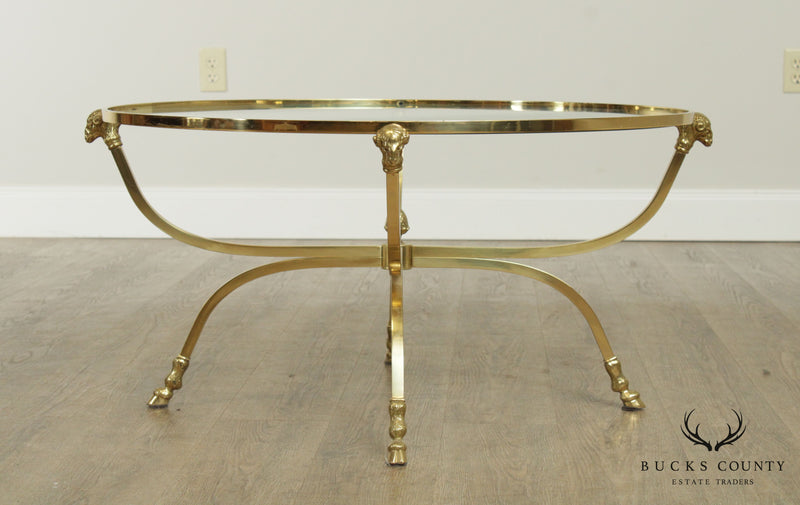 Directoire Style Vintage Brass, Round Glass Top Rams Head Hoof Foot Coffee Table