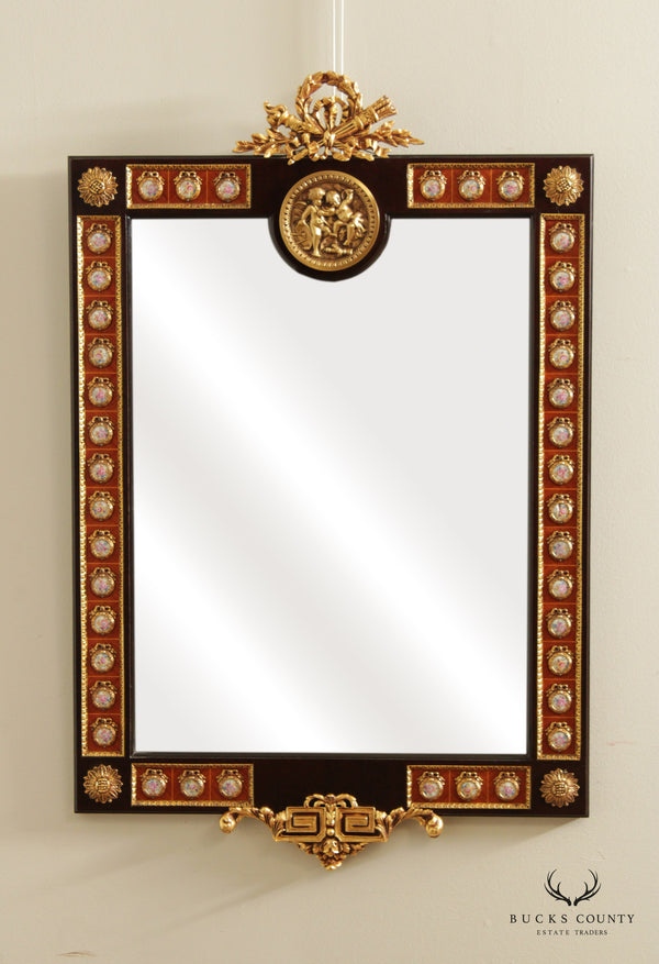 French Louis XVI Style Gilded Brass and Porcelain Mounted Wall Mirror