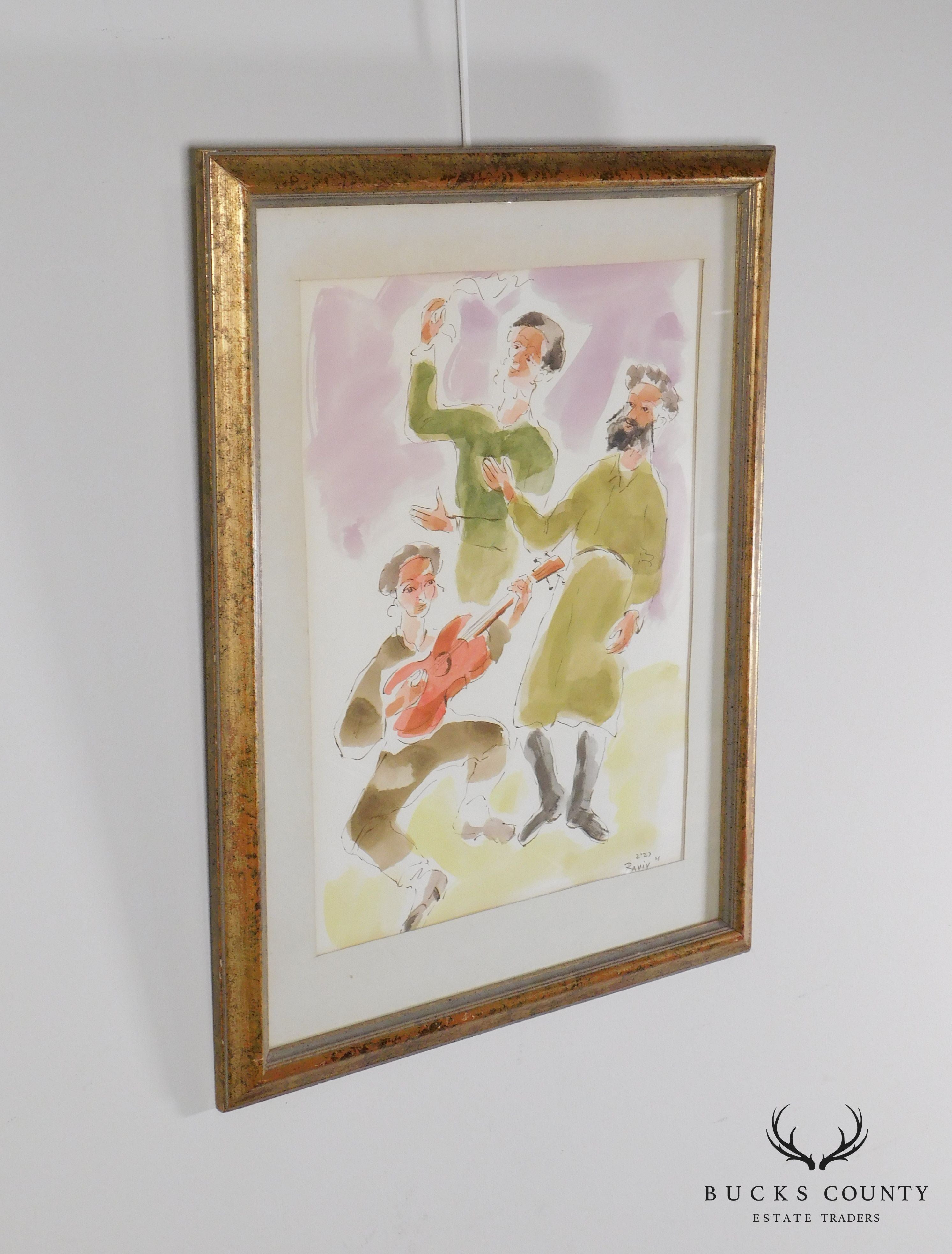 Moshe Raviv "Dancing Hasidim" Original Watercolor on Paper Signed