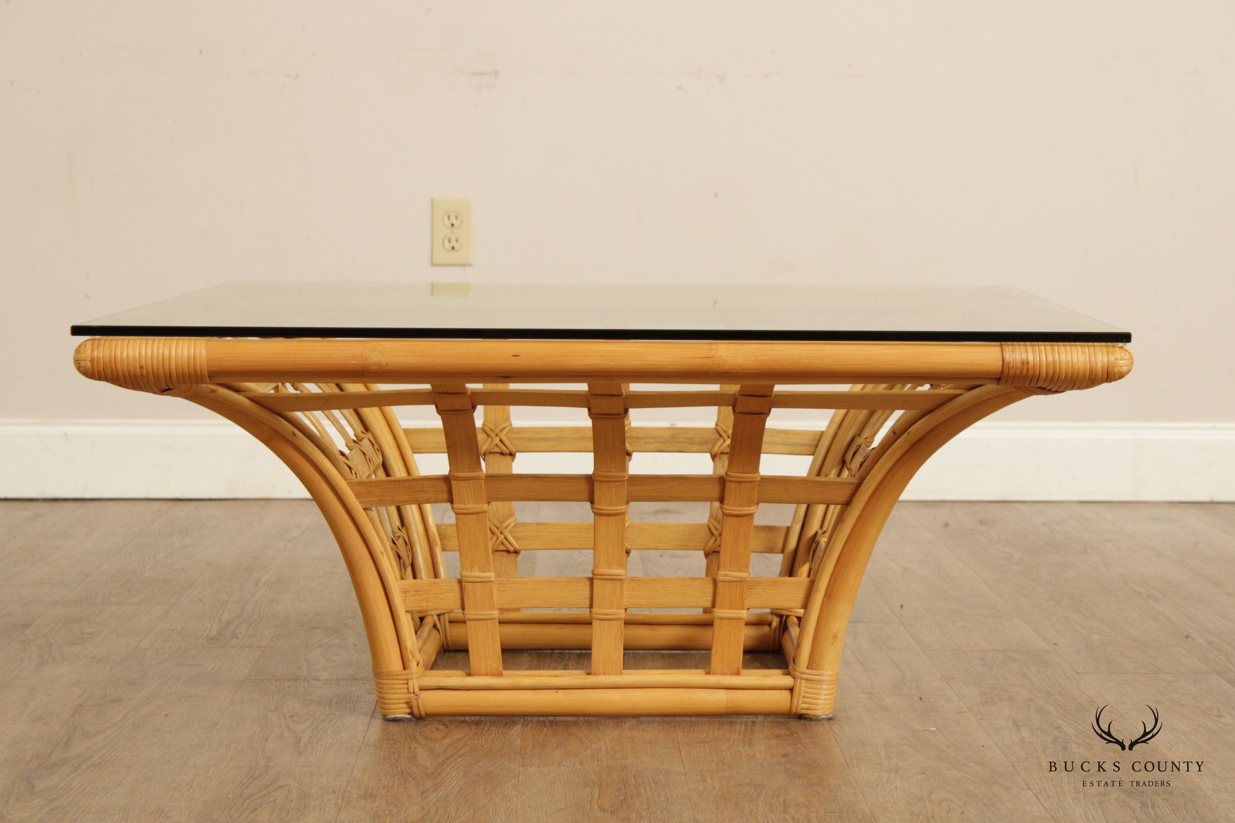 1970's Modern Rattan Glass Top Square Coffee Table