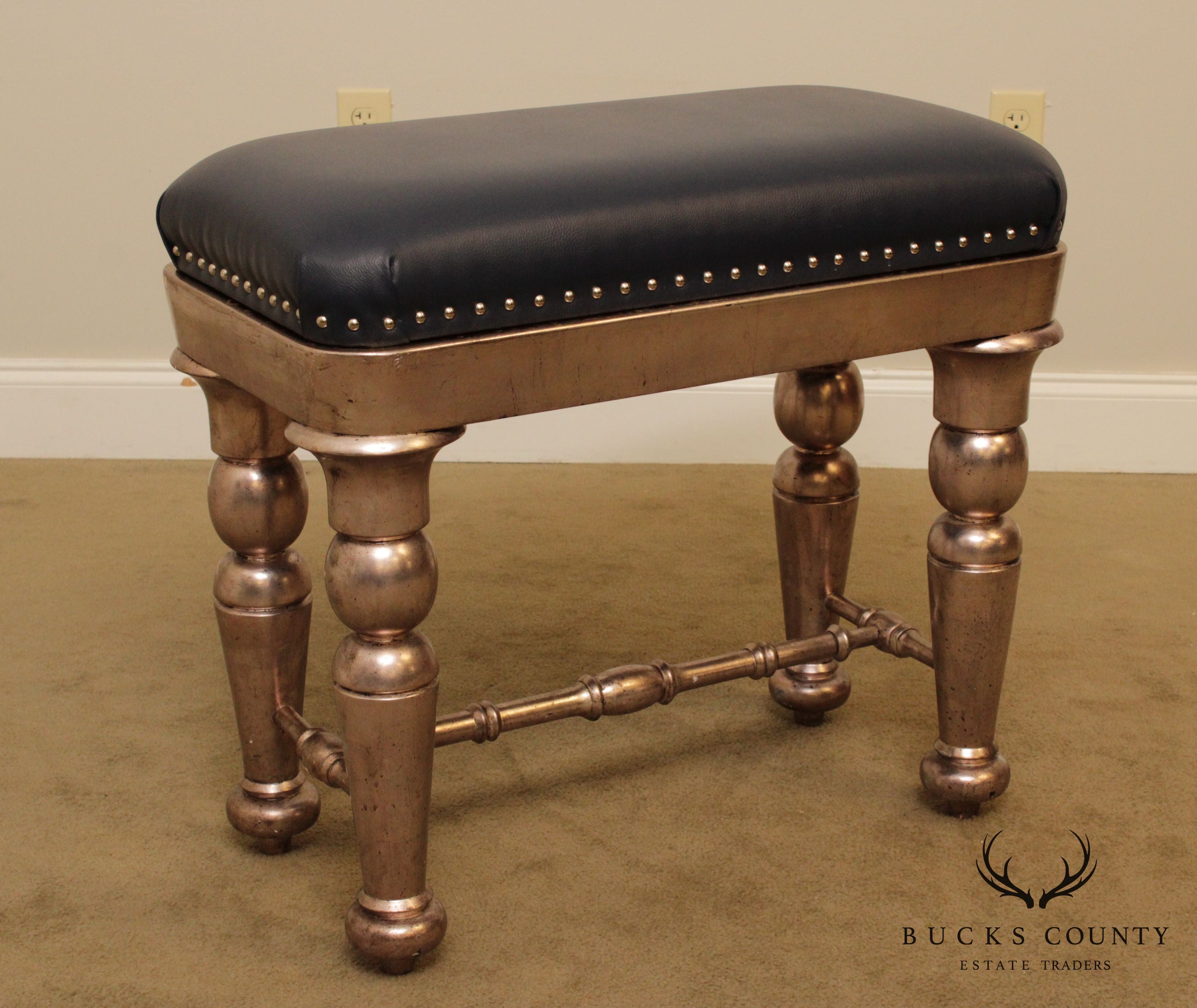 Custom Silver Finished Leather Tufted Bench