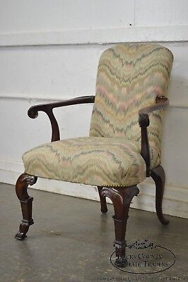 1940s Georgian Style Carved Mahogany Flame Stitch Library Arm Chair