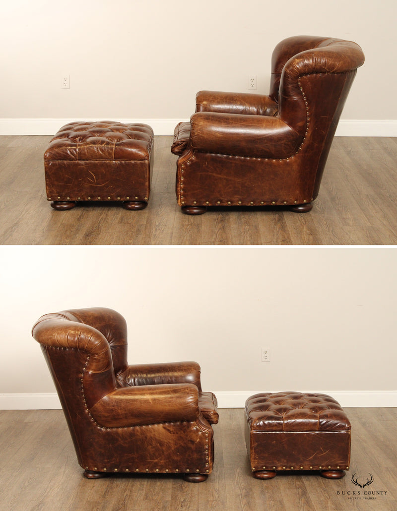 Restoration Hardware Quality Pair of Tufted Leather Churchill Club Chairs and Ottoman