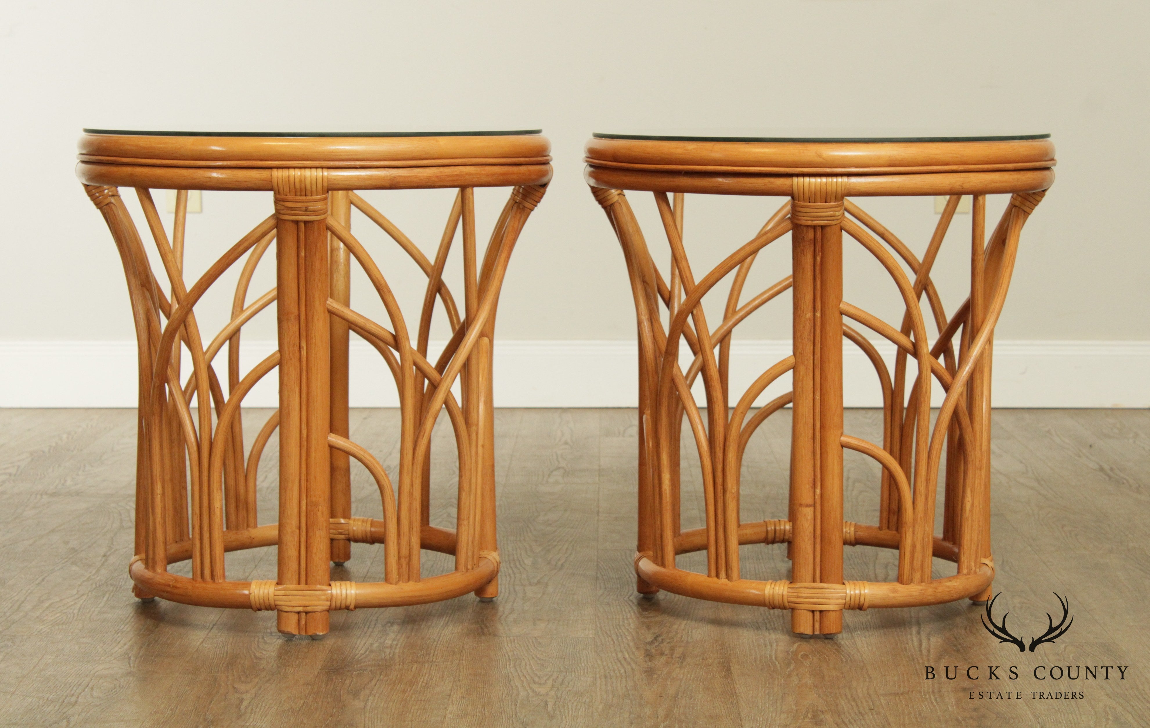 Quality Vintage Pair Rattan Round Glass Top Side Tables