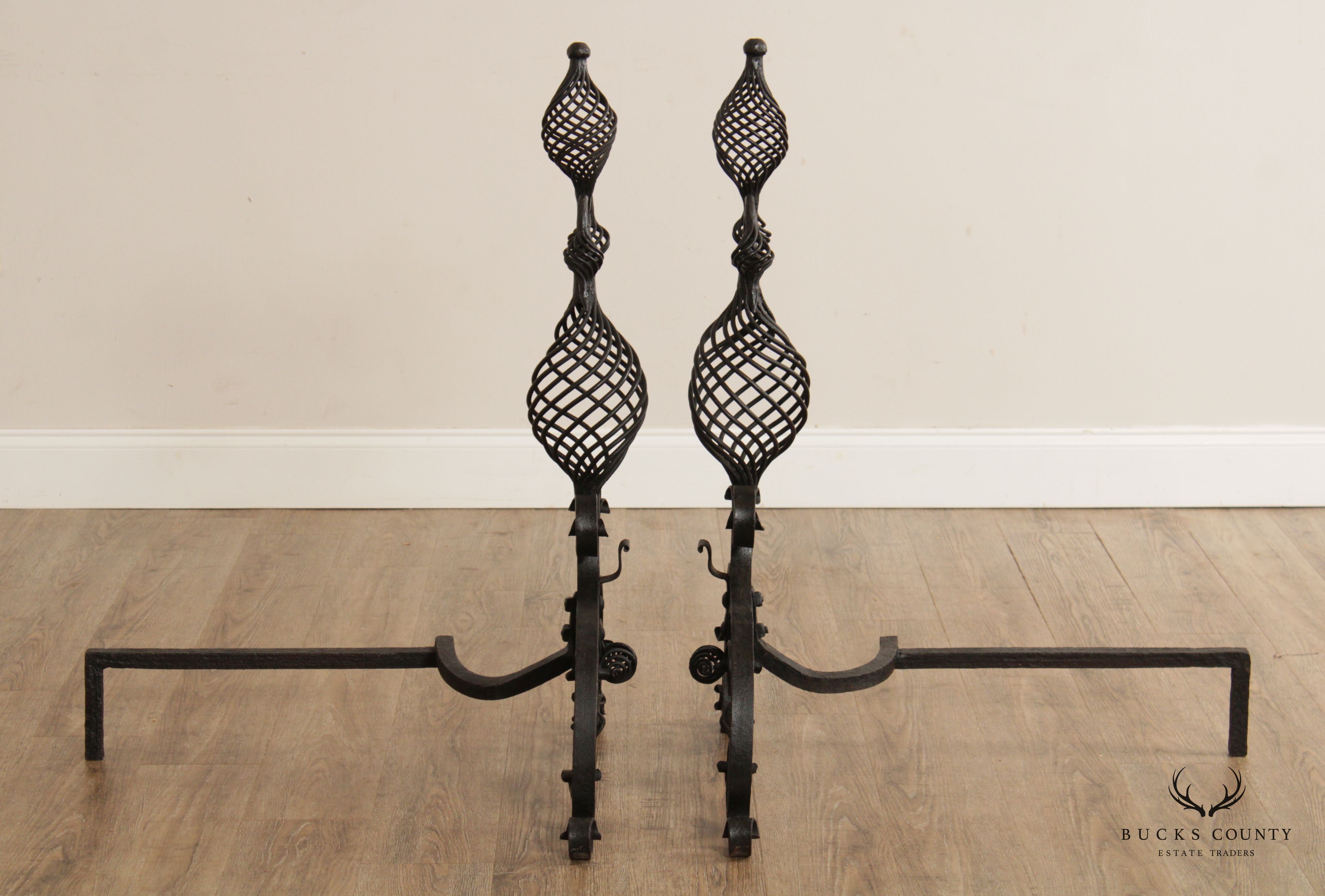 American Arts & Crafts Wrought Iron Pair Andirons