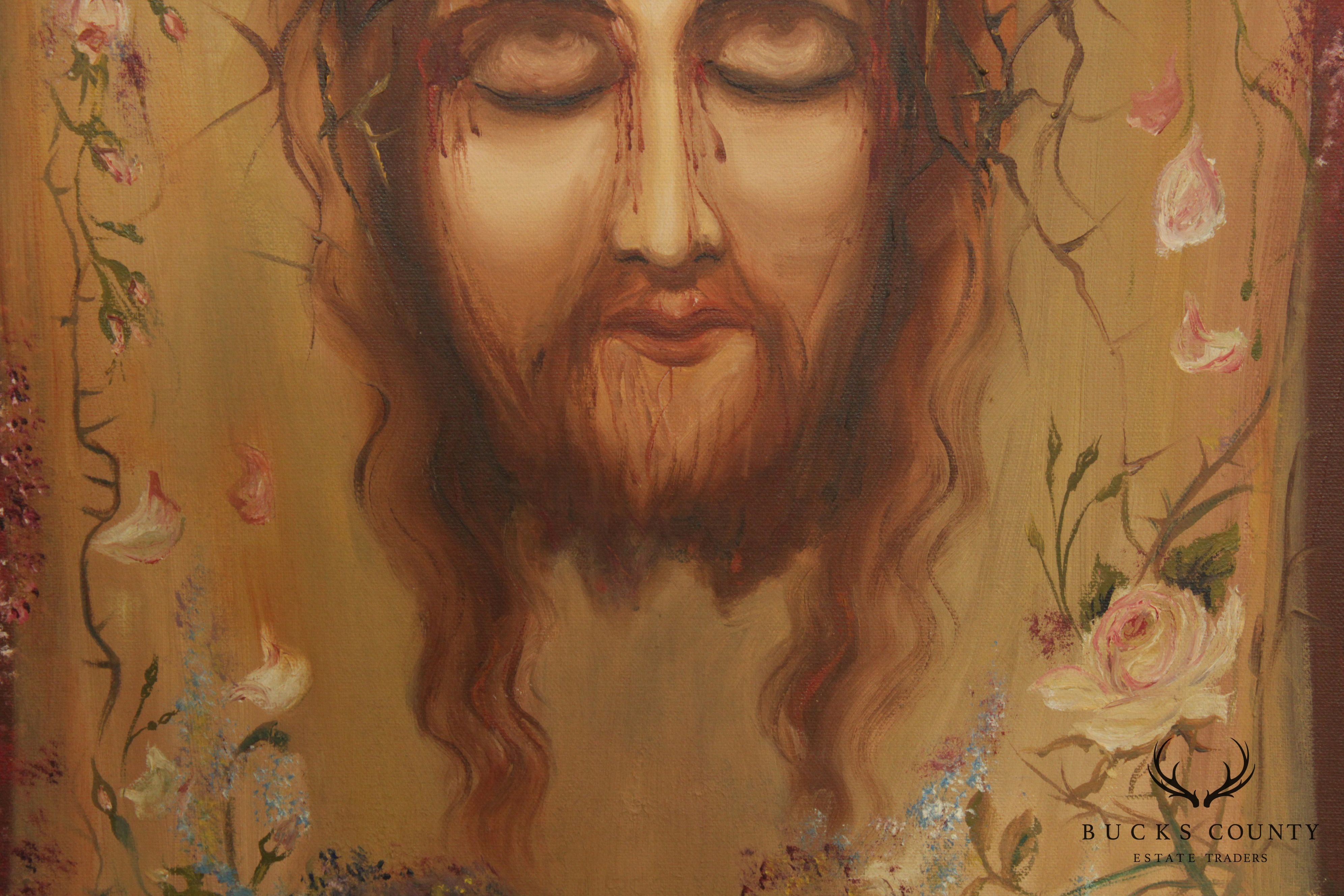 Vintage Portrait of Jesus Oil Painting, Signed