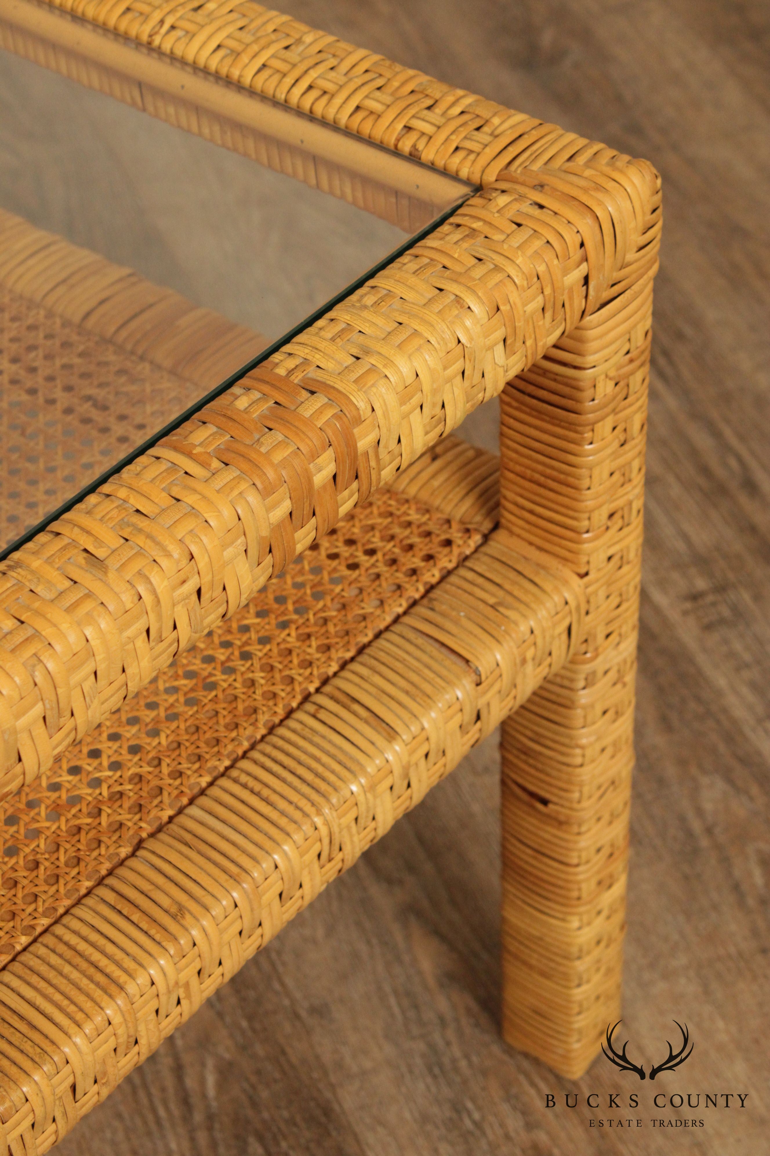 Vintage Wicker Rattan Square End Table with Glass Top