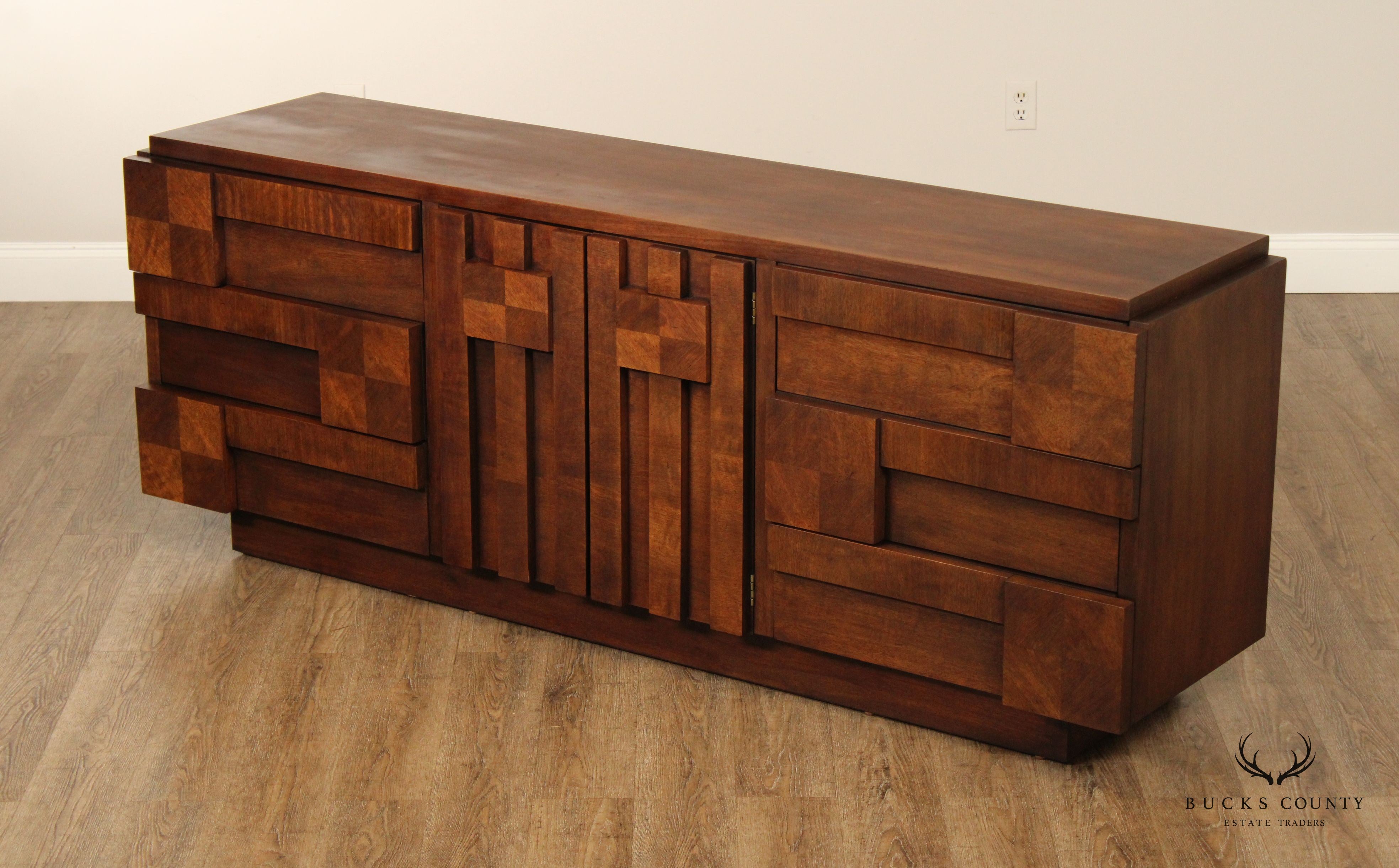 Lane Mid Century Modern Brutalist Walnut Long Dresser