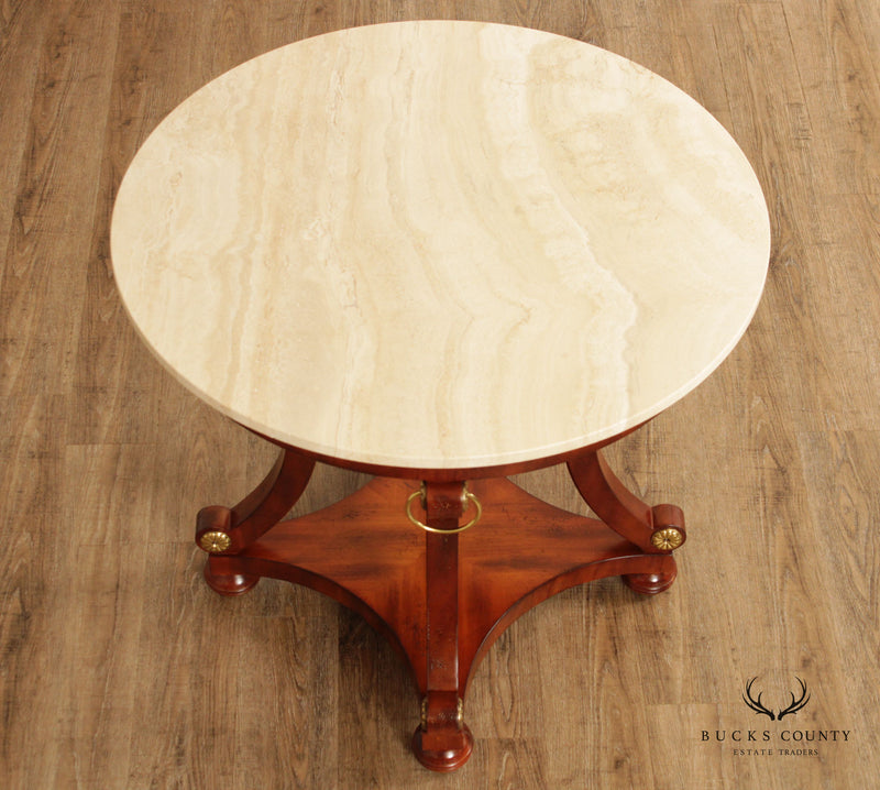 French Empire Style Round Travertine Top Mahogany Center Table