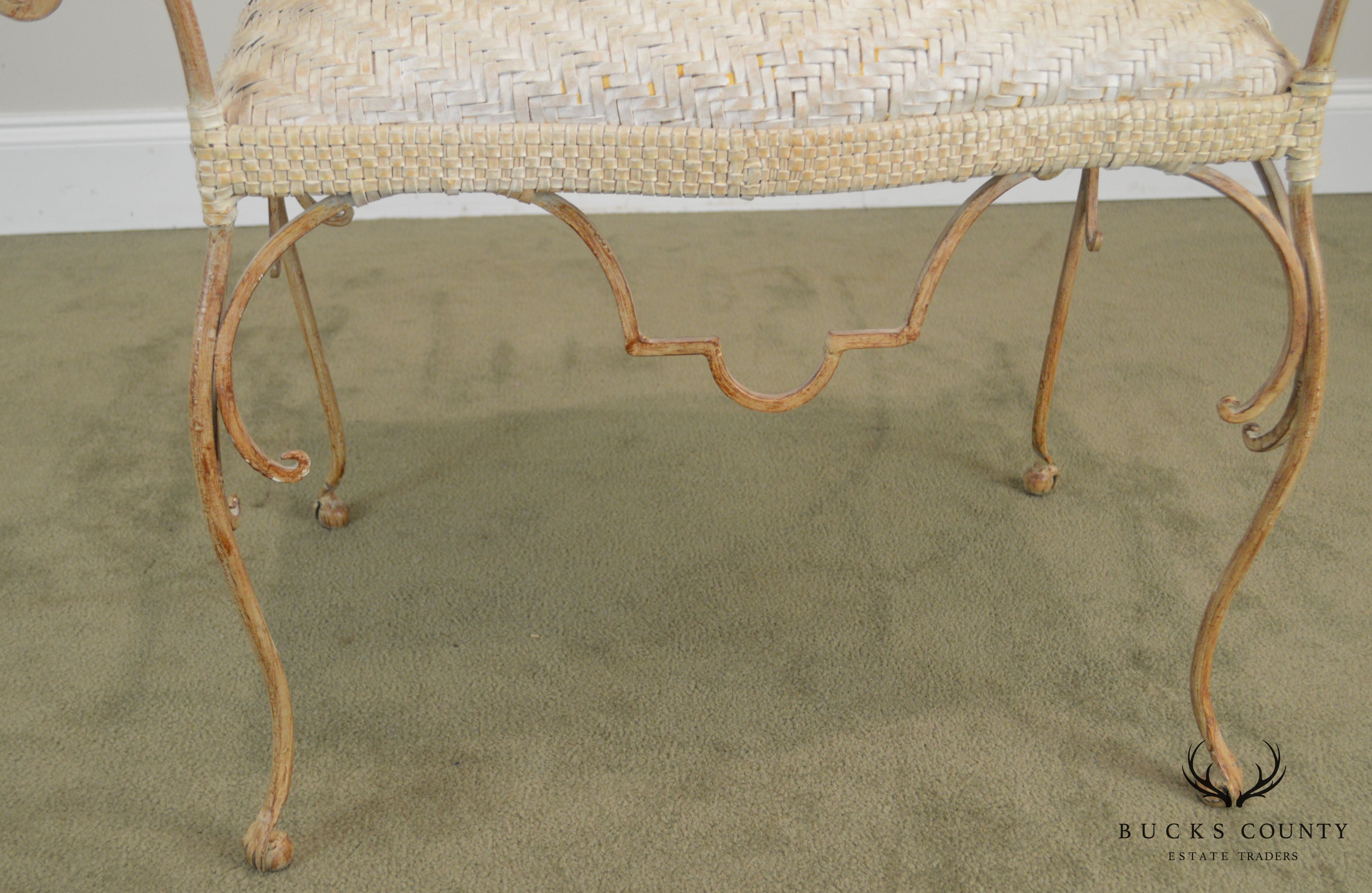 Unusual Woven Leather Seat Wrought Iron Vanity Bench