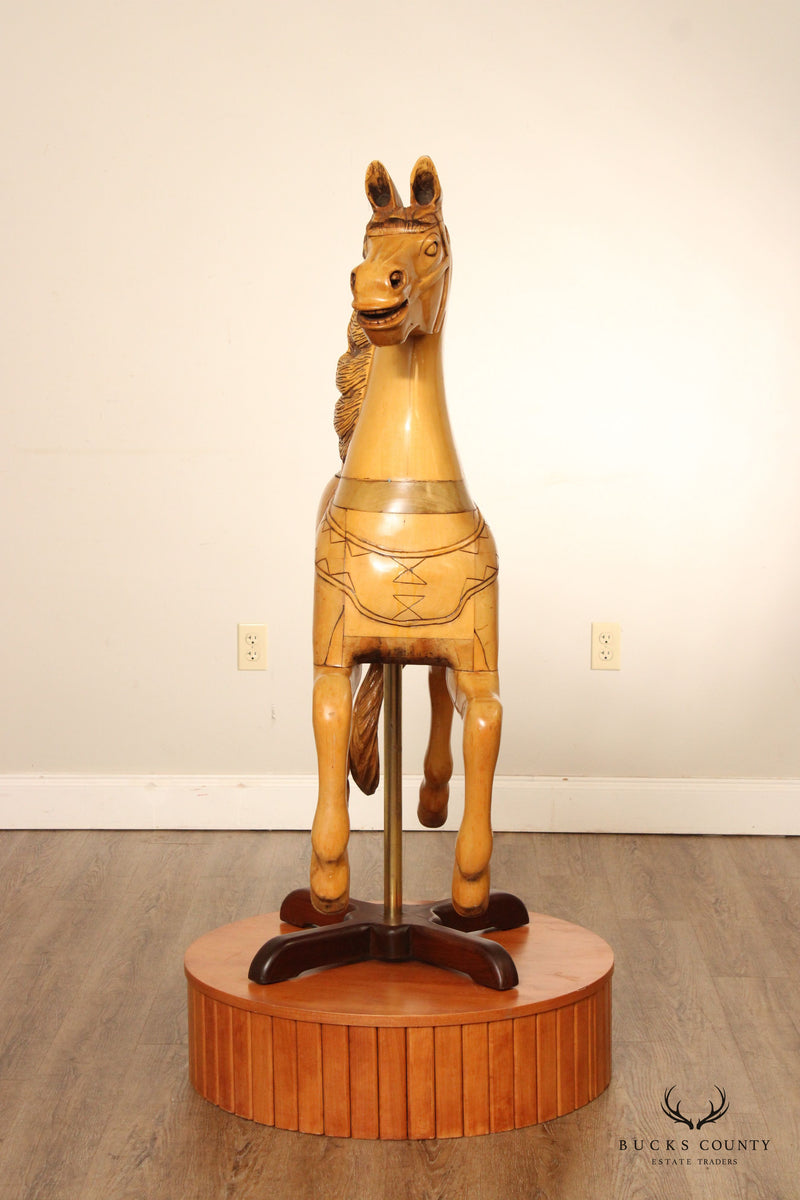 Vintage Wooden Carved Carousel Horse on Stand