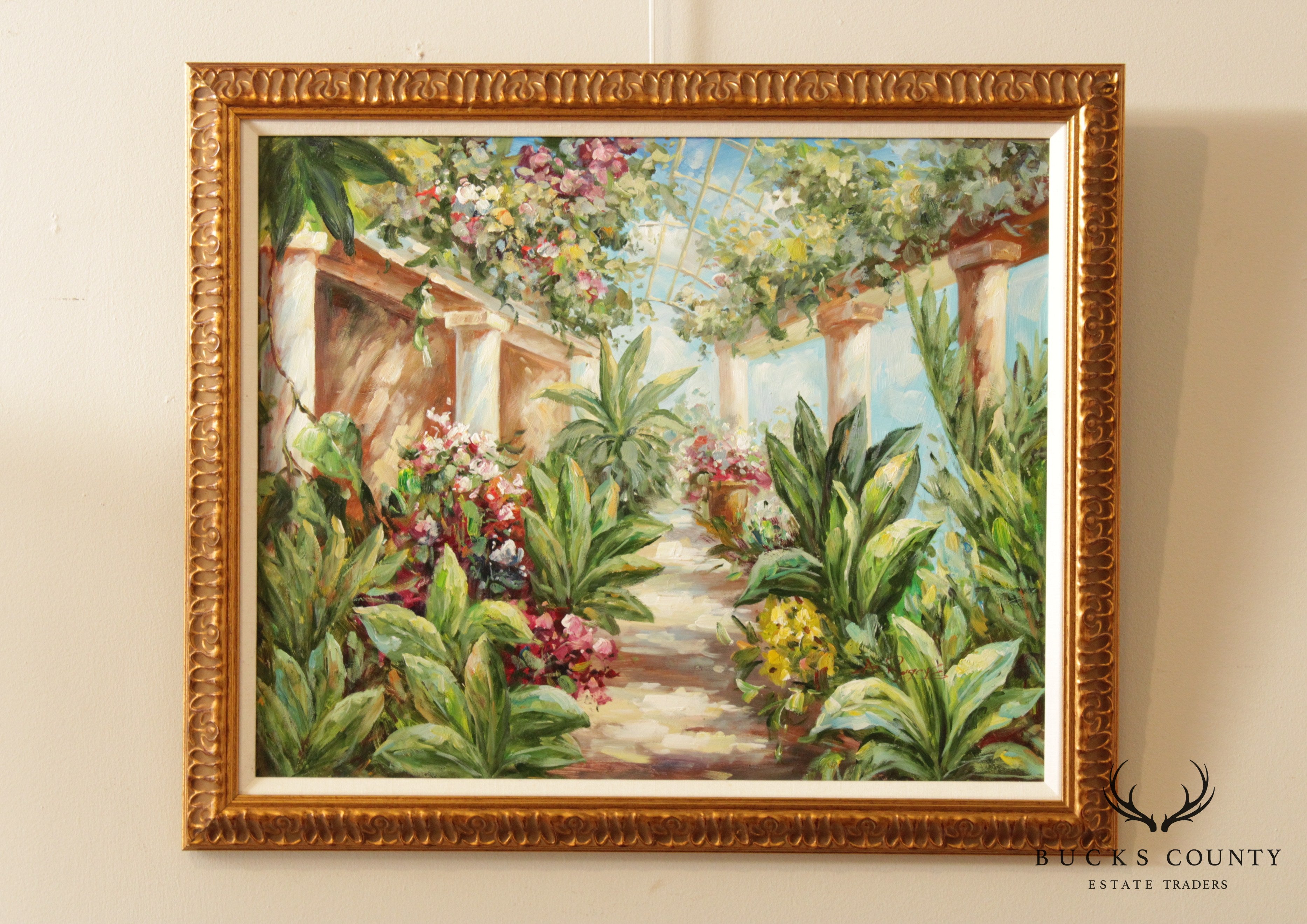 Italian Garden Atrium Landscape Painting, Signed 'A. Rogers'