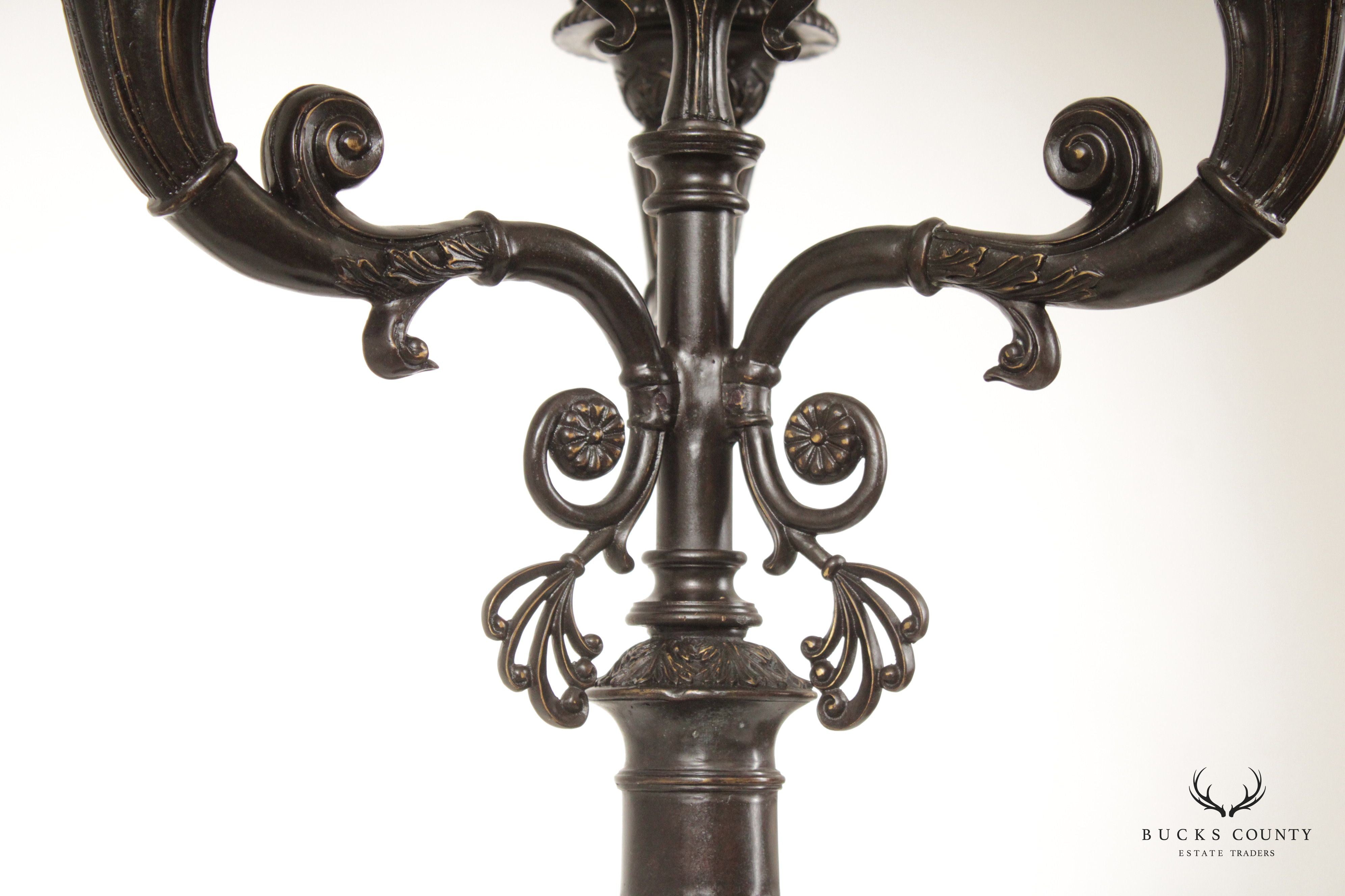 Gothic Revival Style Pair of Bronze Five-Light Candelabra