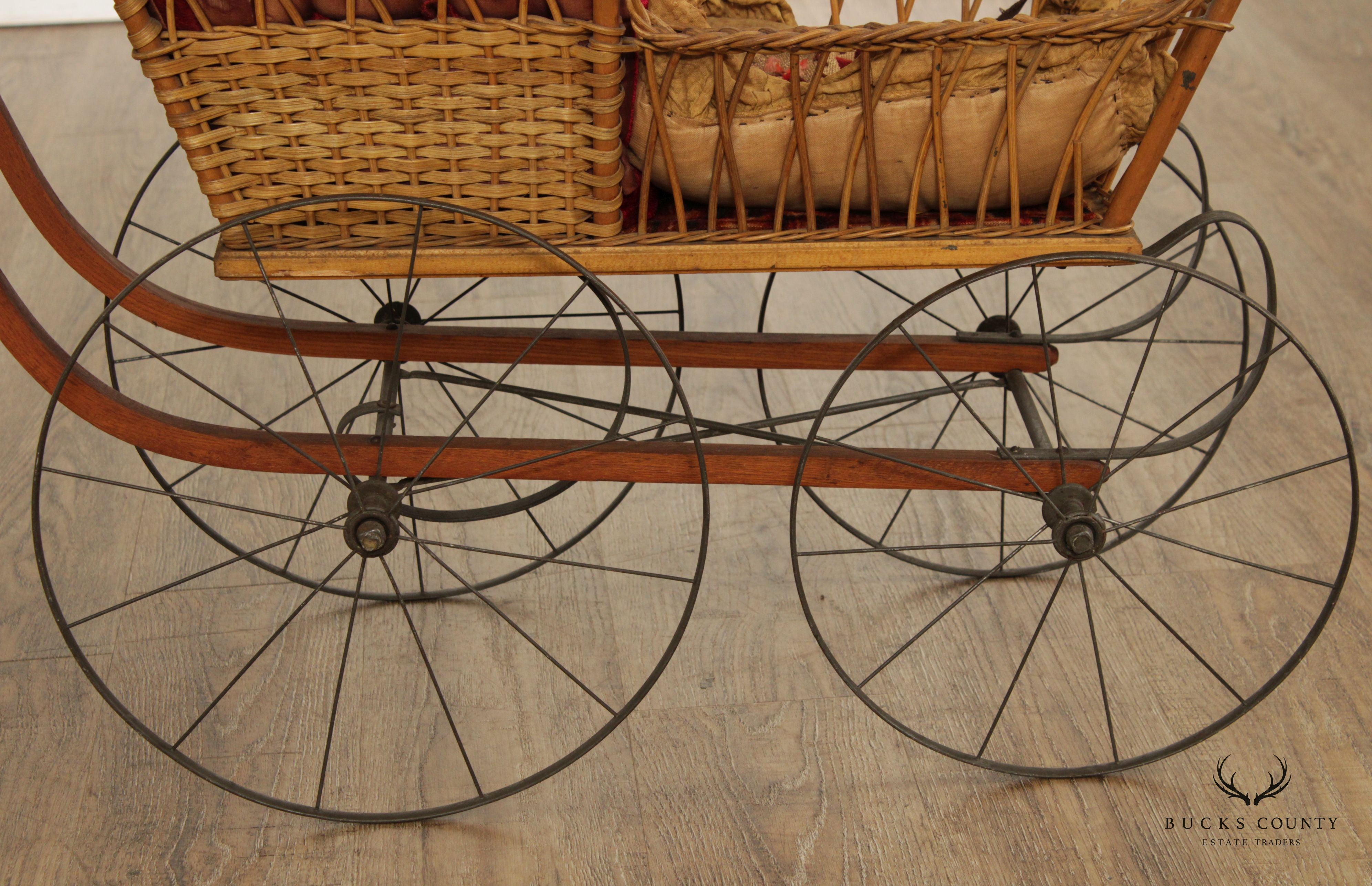 Antique Victorian Wicker Carriage Stroller with Umbrella