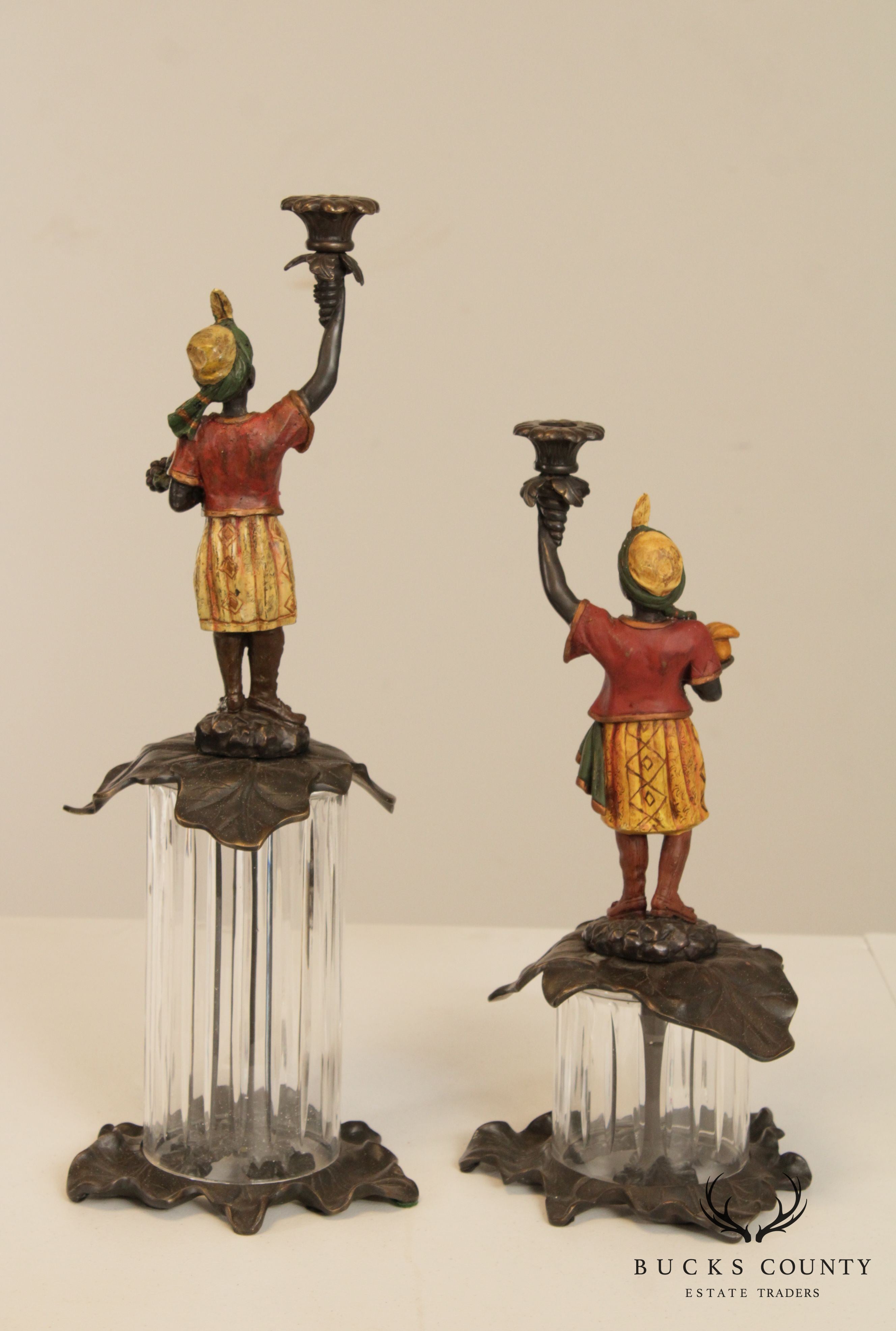 Quality Pair Painted Bronze Figural Candle Holders