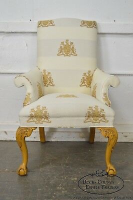 Thomasville Custom Lion Coat of Arms Upholstered Ball & Claw Wing Chair